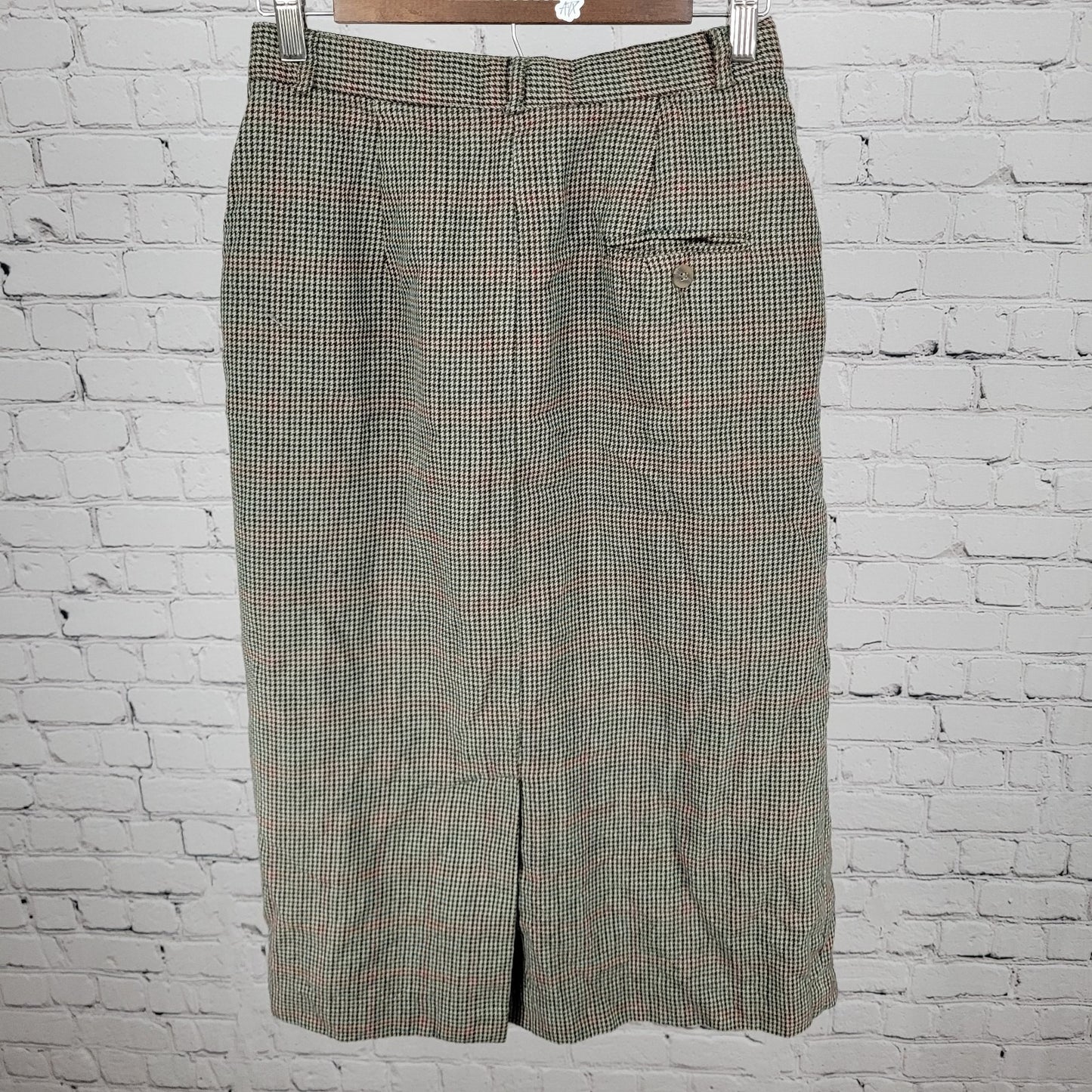 VTG Talbots Green 100% Wool Houndstooth Lined Skirt USA Made Size 10 (26x29)