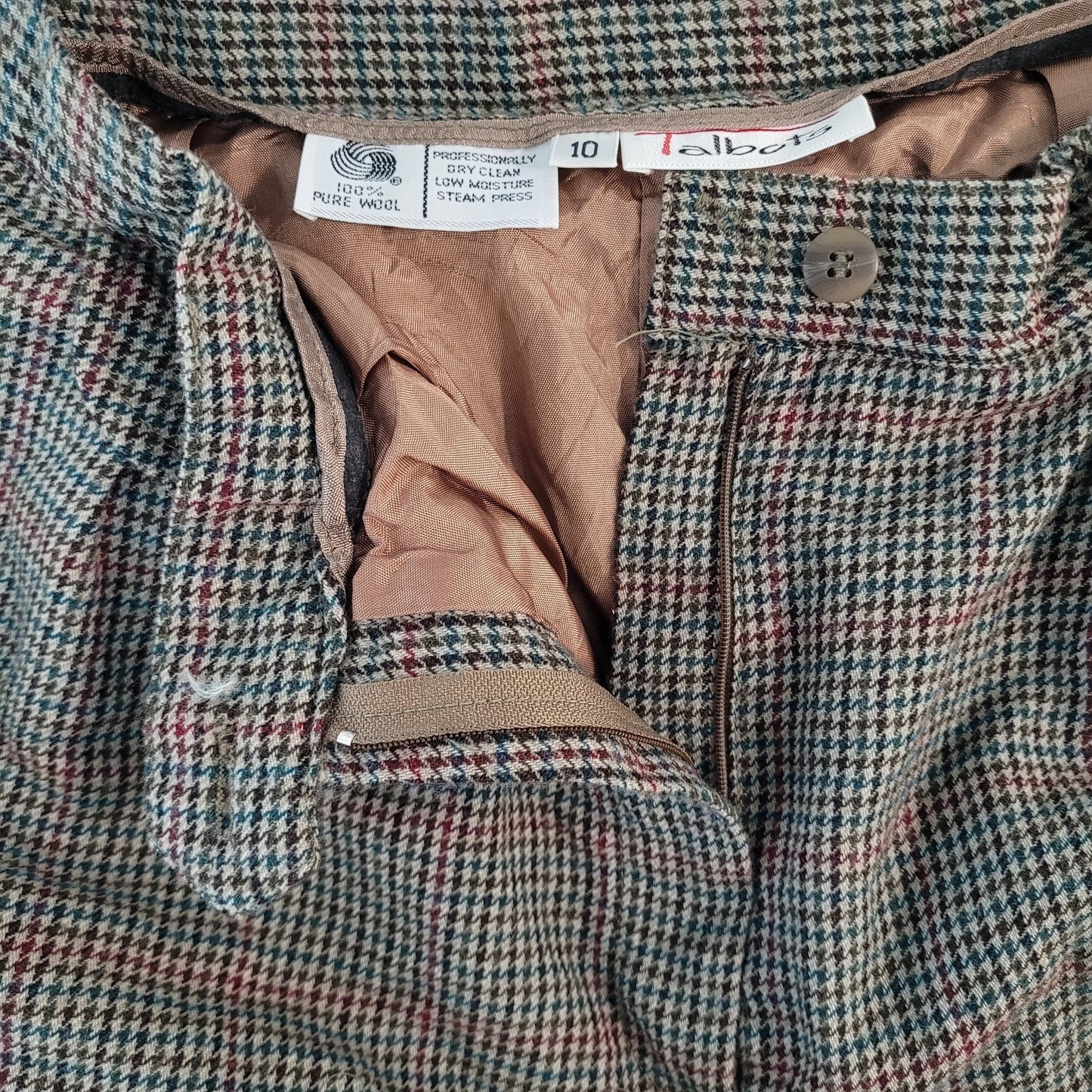 VTG Talbots Green 100% Wool Houndstooth Lined Skirt USA Made Size 10 (26x29)