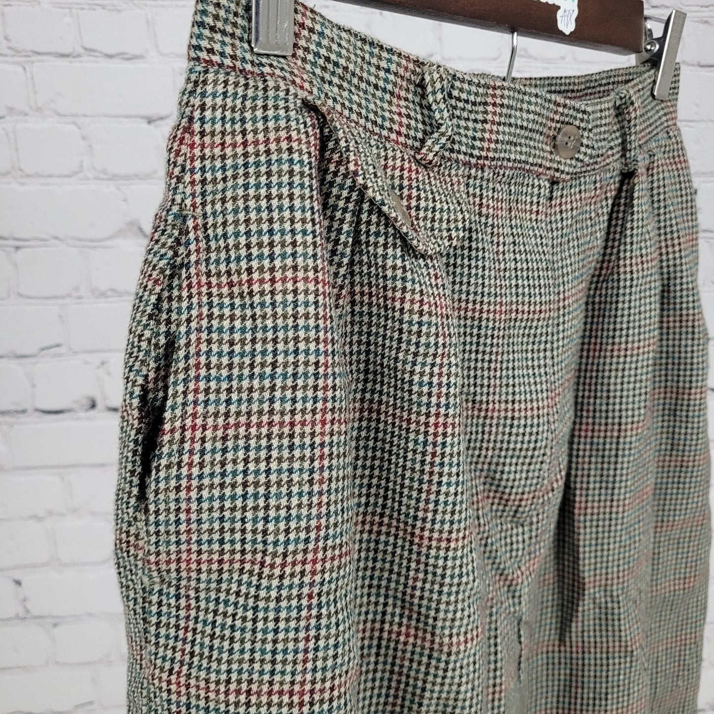 VTG Talbots Green 100% Wool Houndstooth Lined Skirt USA Made Size 10 (26x29)