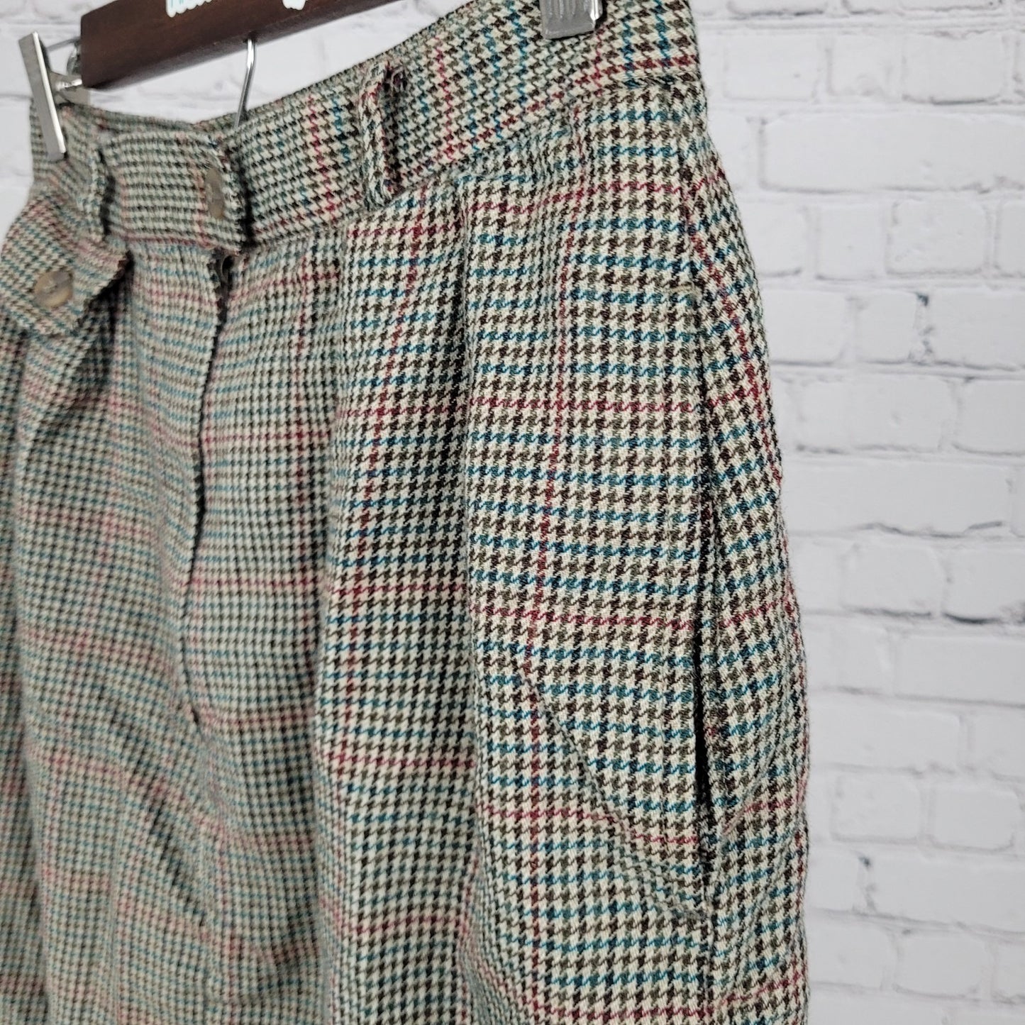 VTG Talbots Green 100% Wool Houndstooth Lined Skirt USA Made Size 10 (26x29)