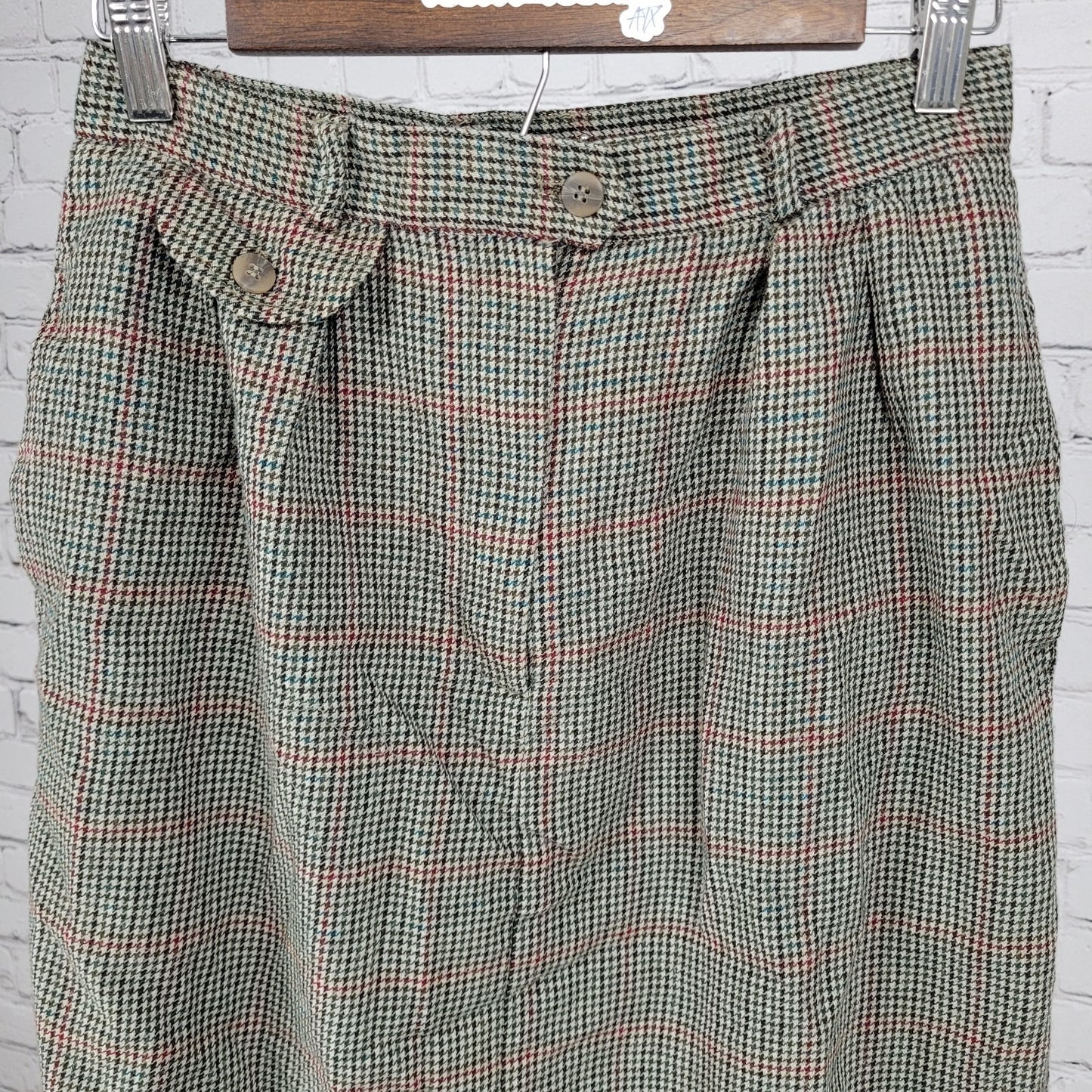 VTG Talbots Green 100% Wool Houndstooth Lined Skirt USA Made Size 10 (26x29)