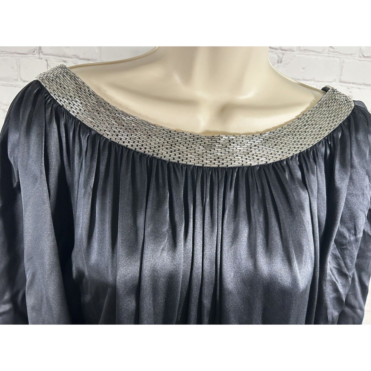 Bebe Black 100% Silk Beaded Neckline Hemline Deep V Back Women’s Tunic Dress XS