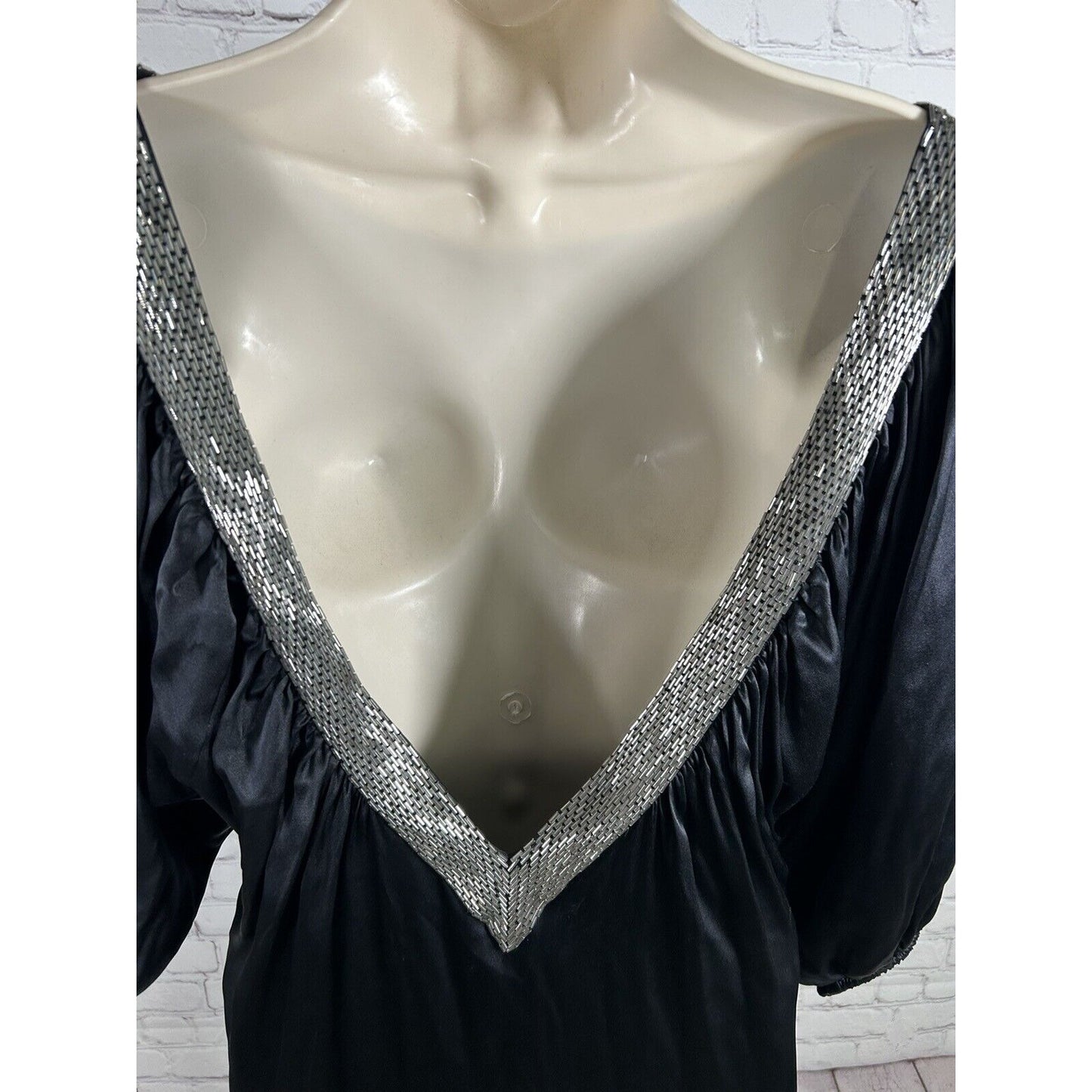 Bebe Black 100% Silk Beaded Neckline Hemline Deep V Back Women’s Tunic Dress XS