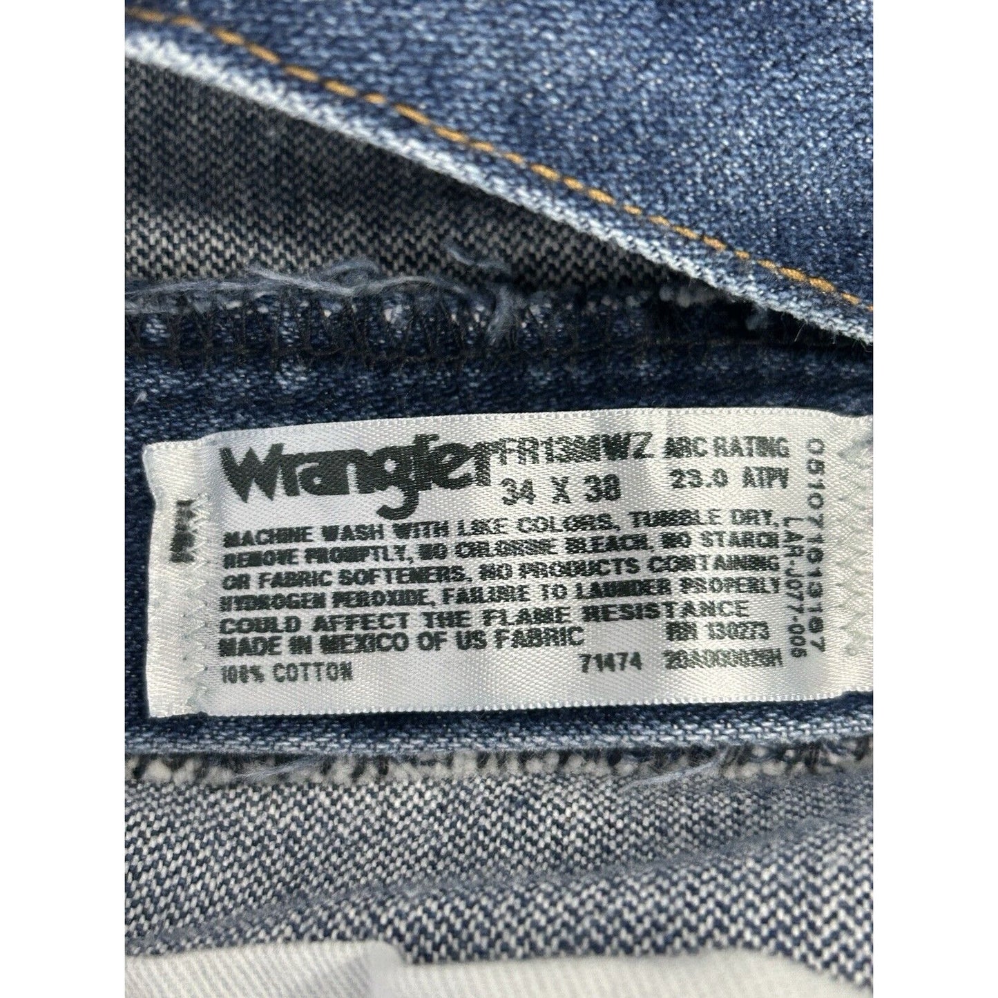 Wrangler 13 Original Flame Resistant Blue 100% Cotton Distressed Jeans (34X36)