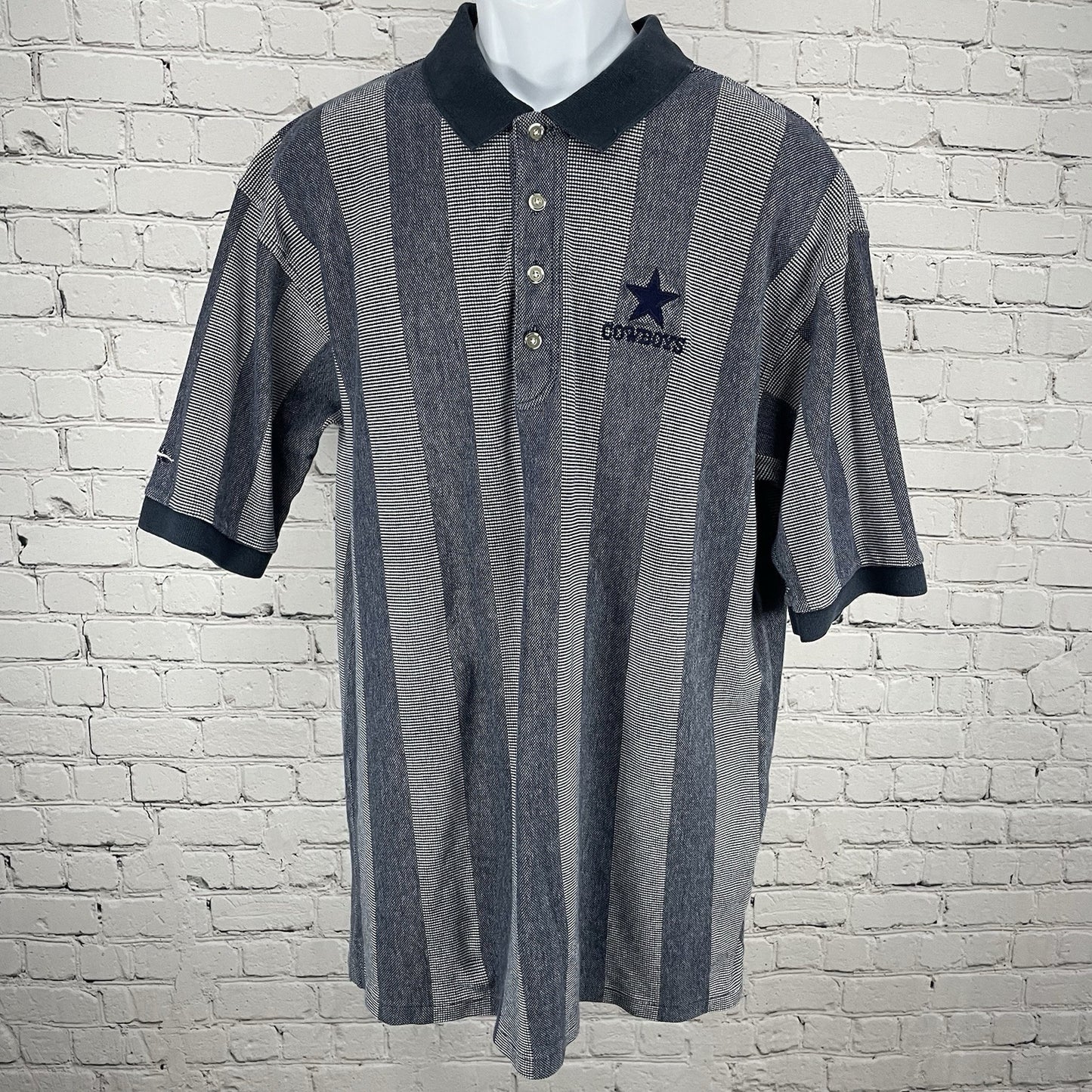 Antigua Blue Striped Cowboys Button Up Short Sleeve Polo Shirt USA Made Size XL