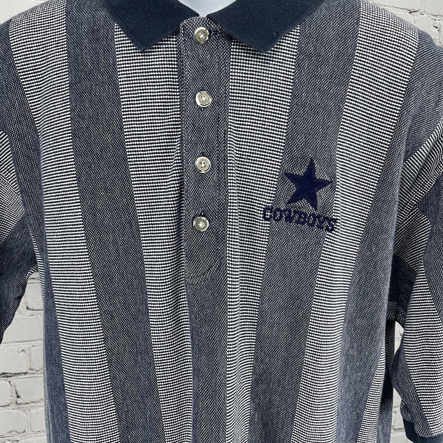 Antigua Blue Striped Cowboys Button Up Short Sleeve Polo Shirt USA Made Size XL