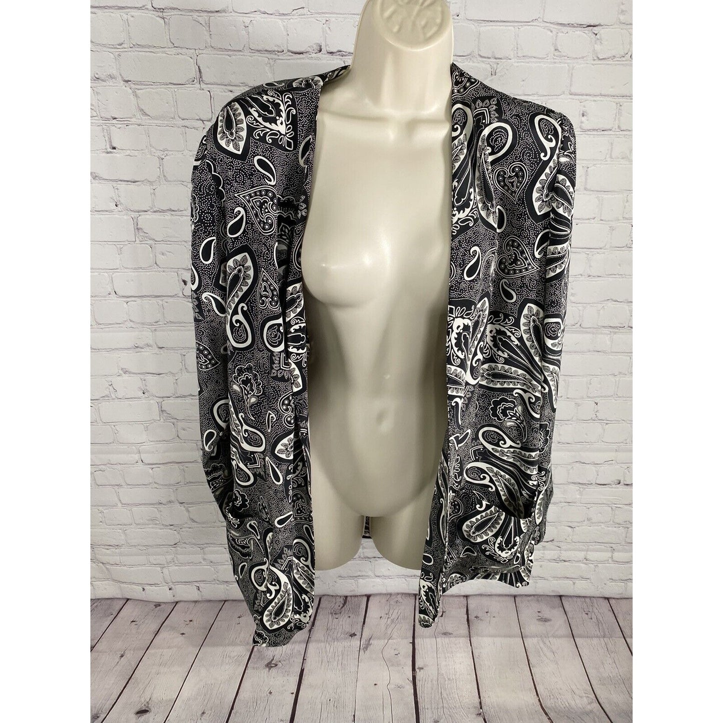VTG Classics Leslie Fay Black White Paisley Open Front Lightweight Cardigan 14