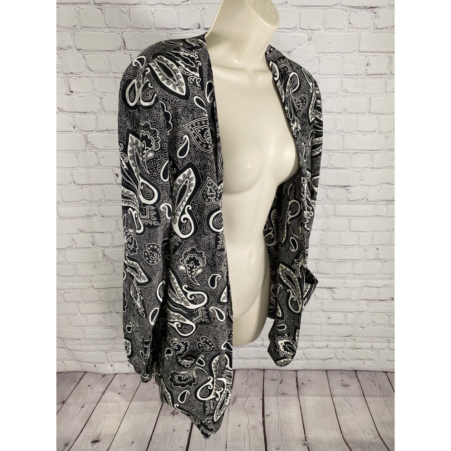 VTG Classics Leslie Fay Black White Paisley Open Front Lightweight Cardigan 14