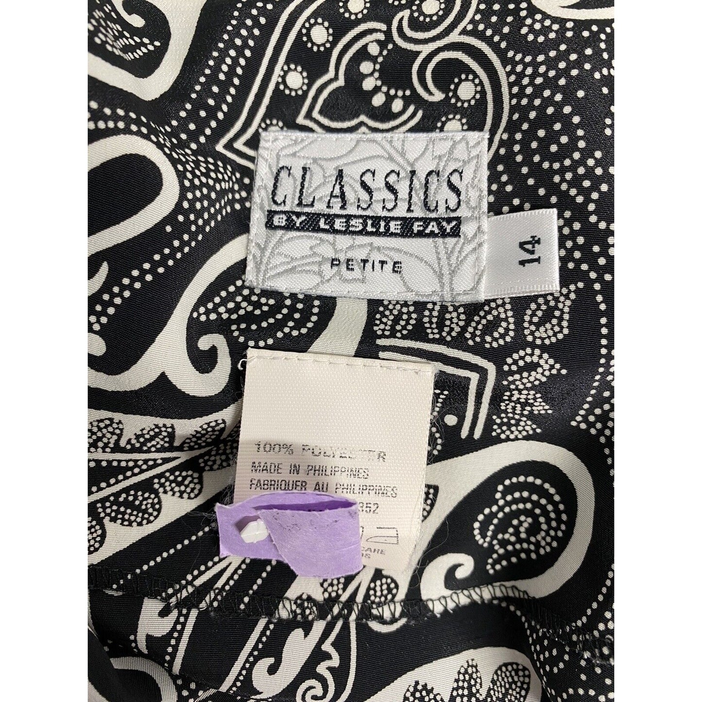 VTG Classics Leslie Fay Black White Paisley Open Front Lightweight Cardigan 14