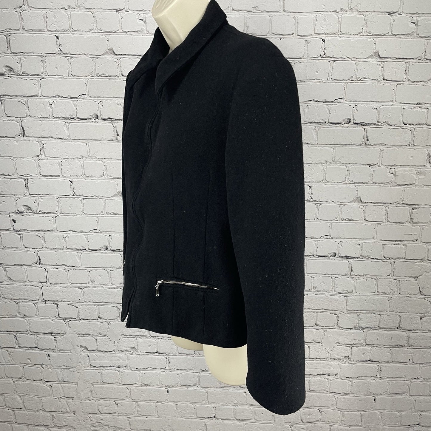 VTG Braebrook Black 100% Wool Zipped Collared Lined Jacket Pockets Size Medium M