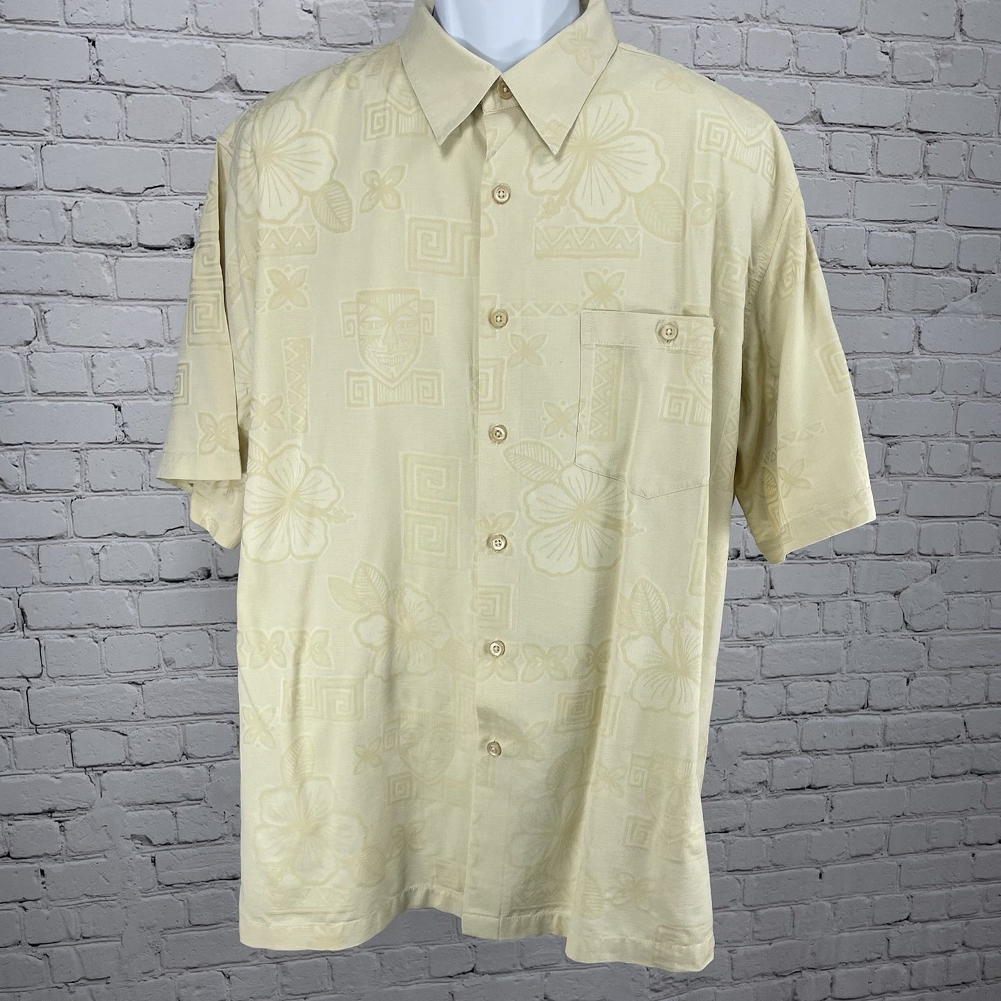 Kona Kai Yellow Silk Blend Hawaiian Floral Button Up Short Sleeve Shirt Size XL