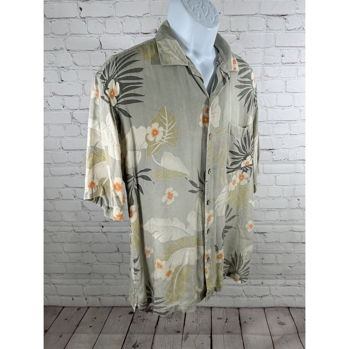 VTG Joey Richi Resort Club Green Floral 100% Silk Hawaiian Tropical Shirt Men L