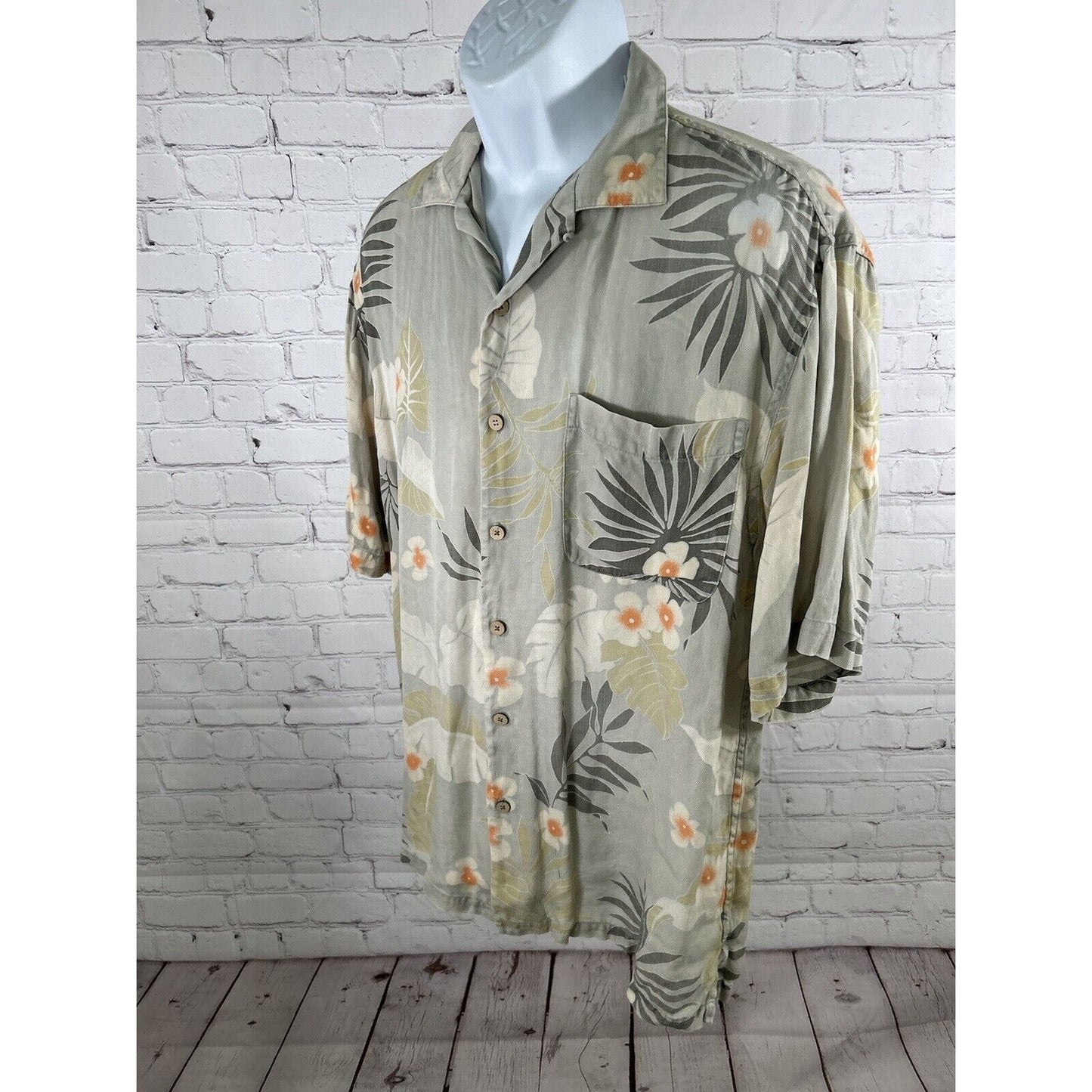 VTG Joey Richi Resort Club Green Floral 100% Silk Hawaiian Tropical Shirt Men L