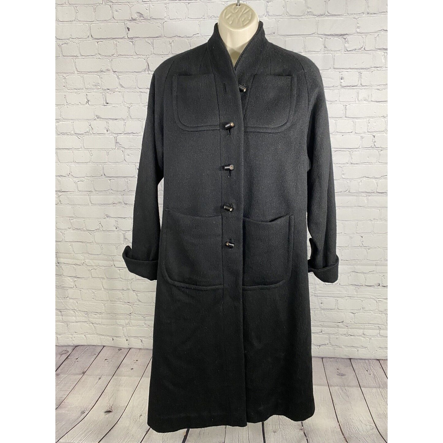 VTG Alaskan Fur Co Black 100% Wool Long Overcoat Pockets Trench Women’s Medium M