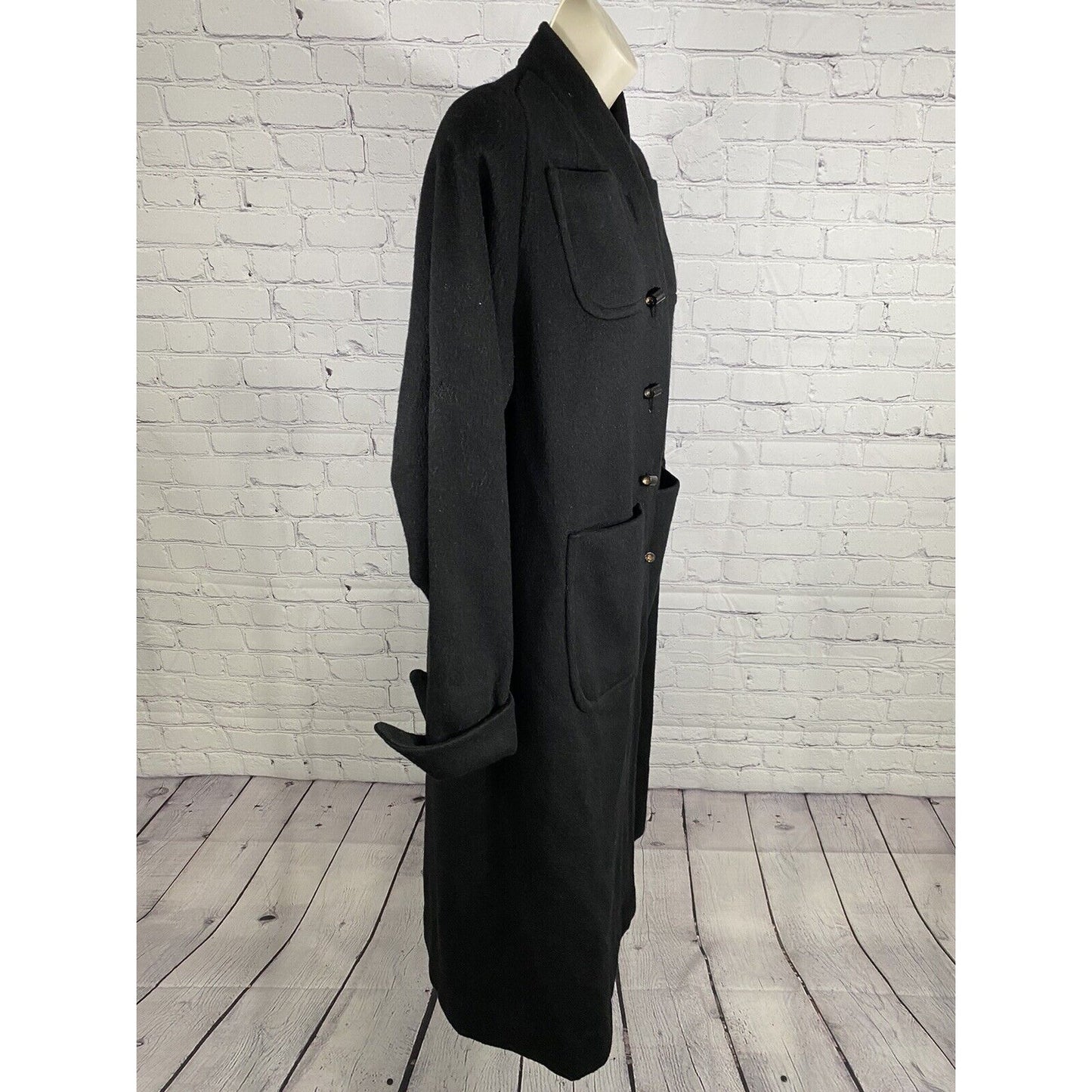 VTG Alaskan Fur Co Black 100% Wool Long Overcoat Pockets Trench Women’s Medium M