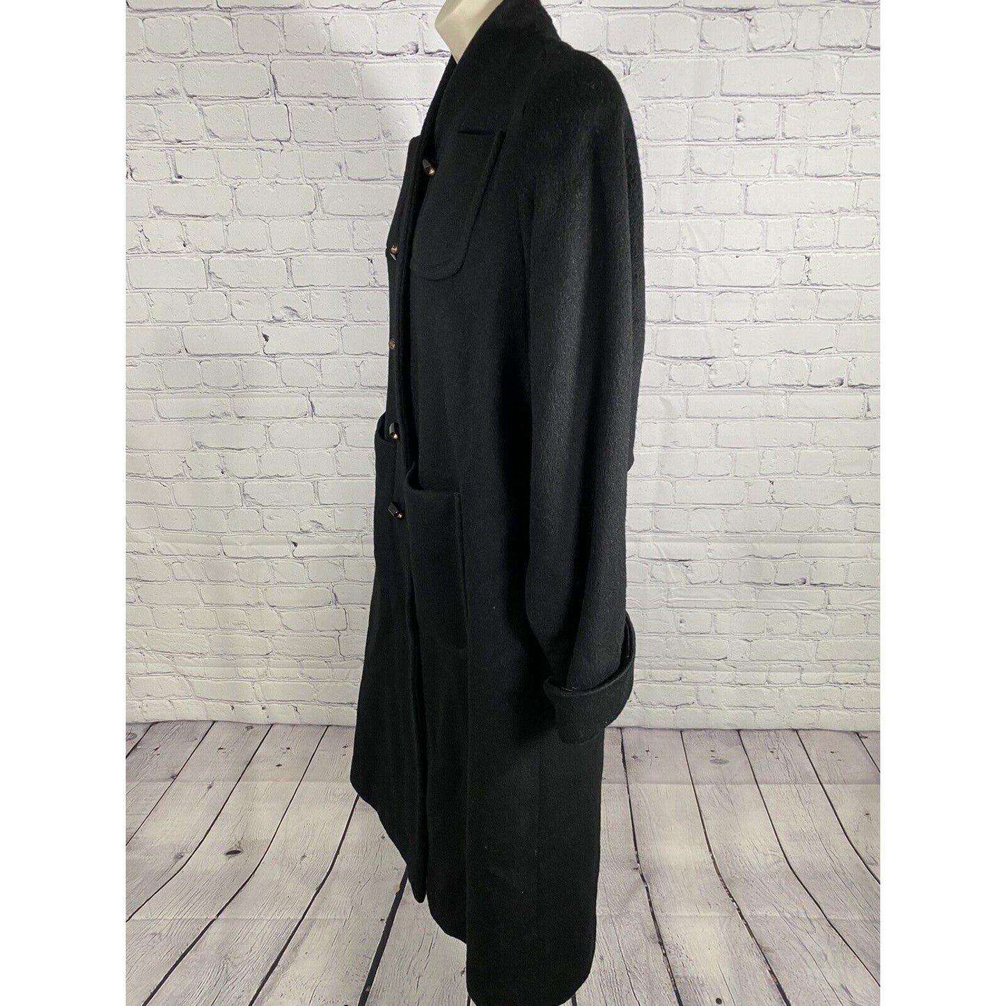 VTG Alaskan Fur Co Black 100% Wool Long Overcoat Pockets Trench Women’s Medium M