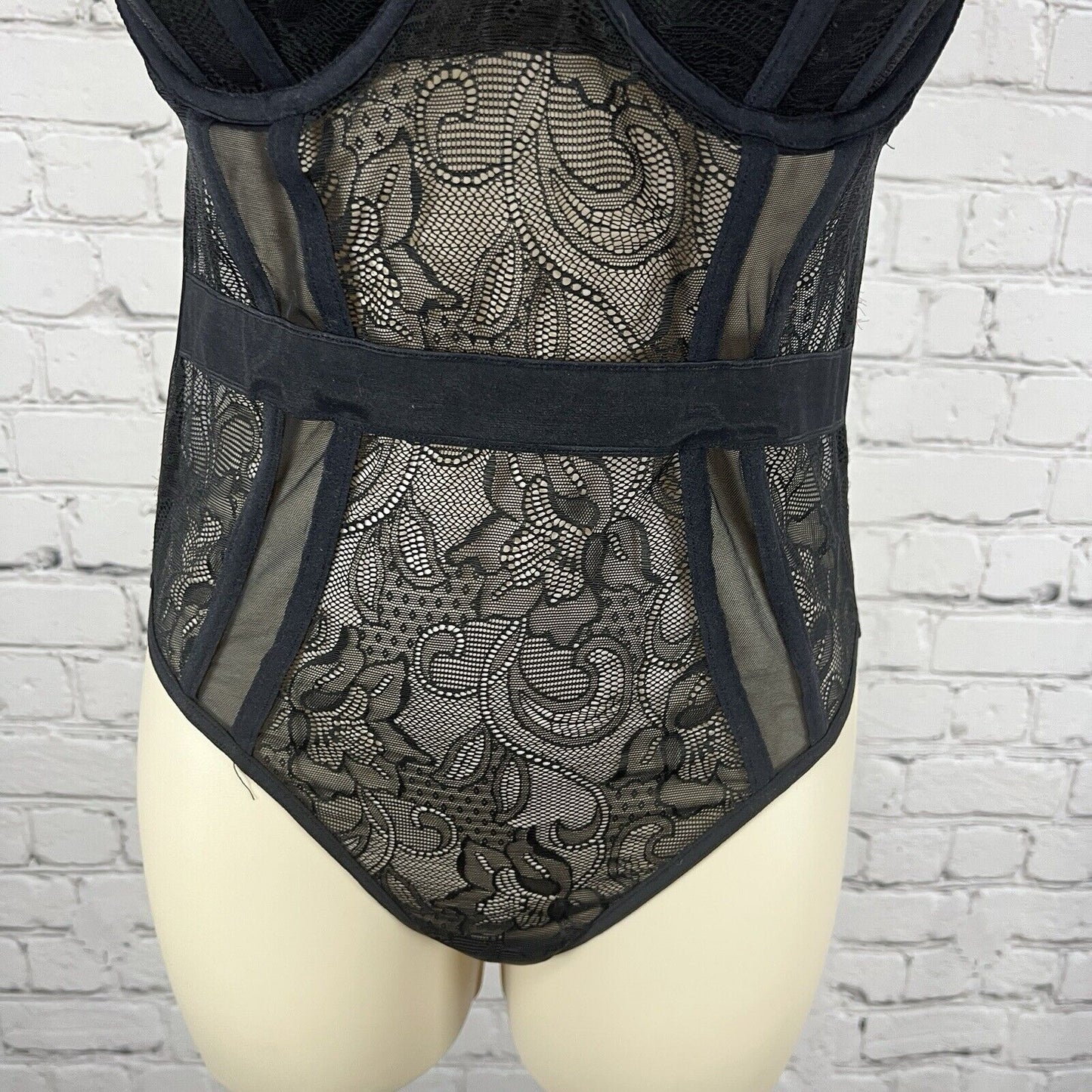Cassandra Intimates Black Sheer Lace Bodysuit One Piece Teddy Thong Small S