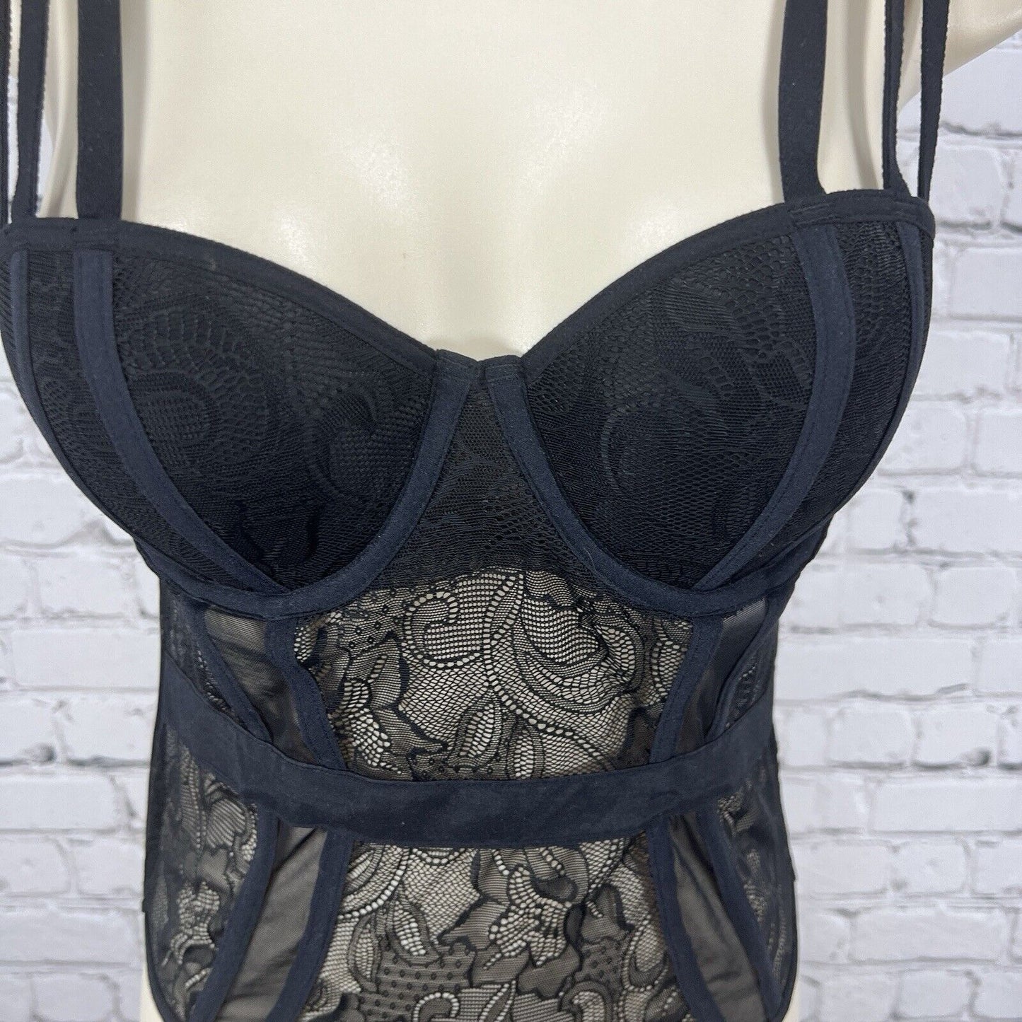 Cassandra Intimates Black Sheer Lace Bodysuit One Piece Teddy Thong Small S