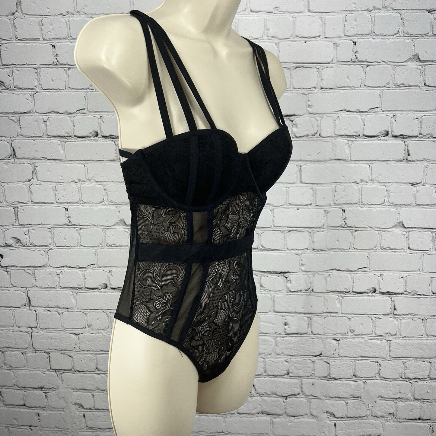 Cassandra Intimates Black Sheer Lace Bodysuit One Piece Teddy Thong Small S