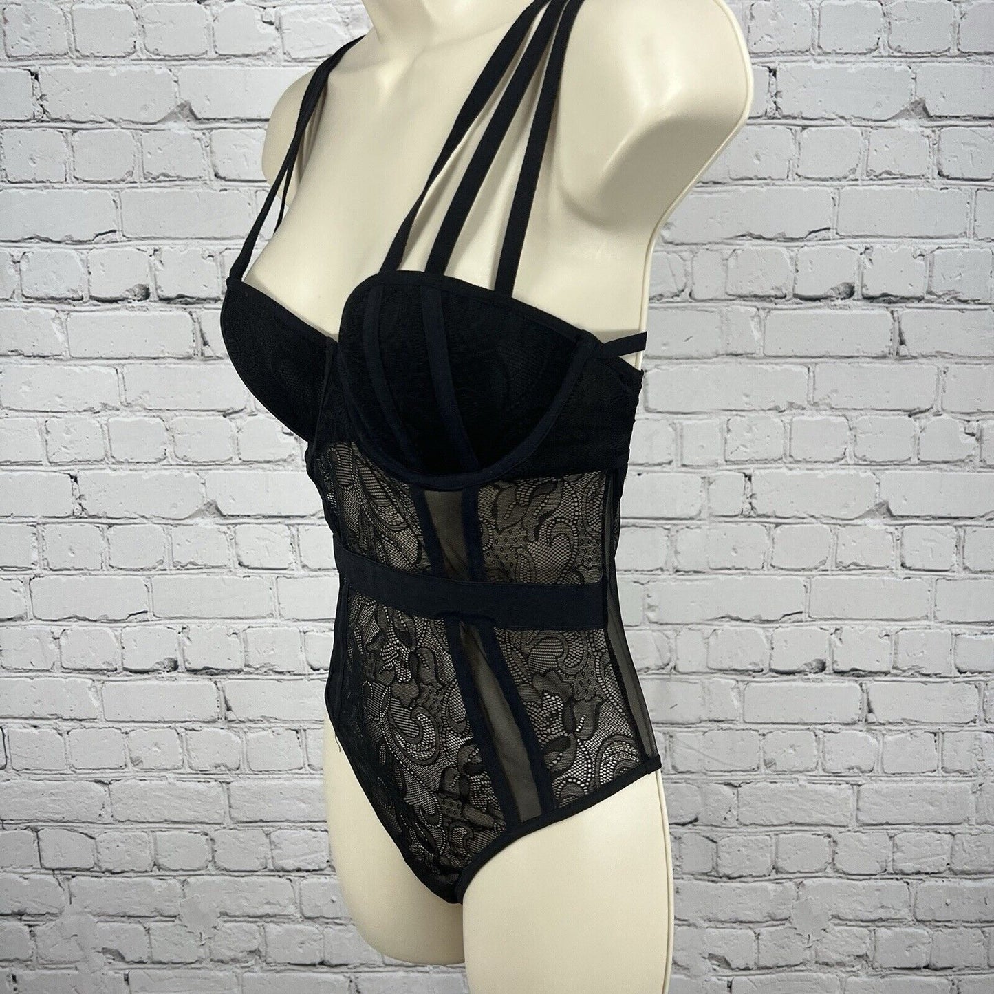 Cassandra Intimates Black Sheer Lace Bodysuit One Piece Teddy Thong Small S