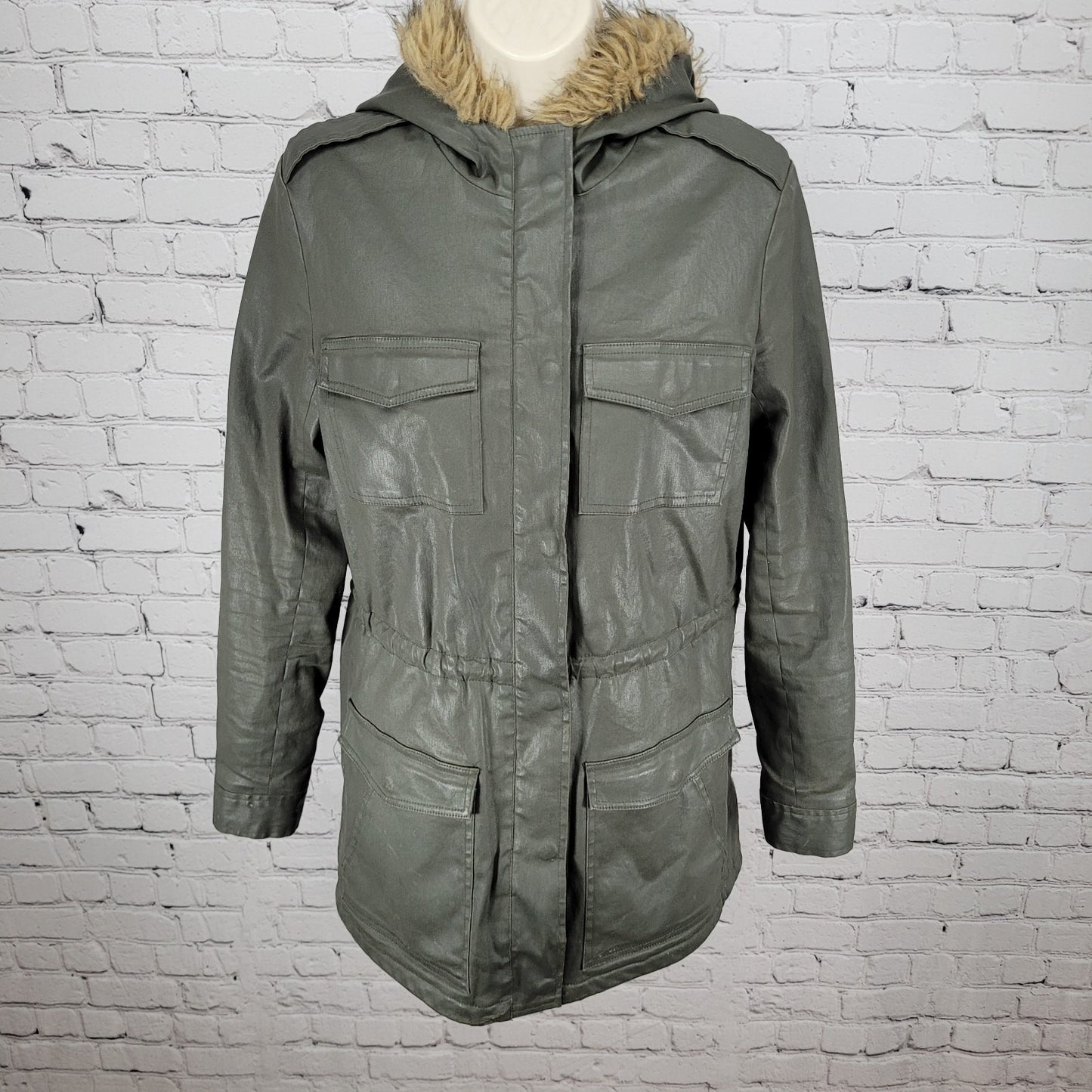 Joie Green Grey Waxed Cotton Zipped Faux Fur Hooded Utility Jacket Size XS
