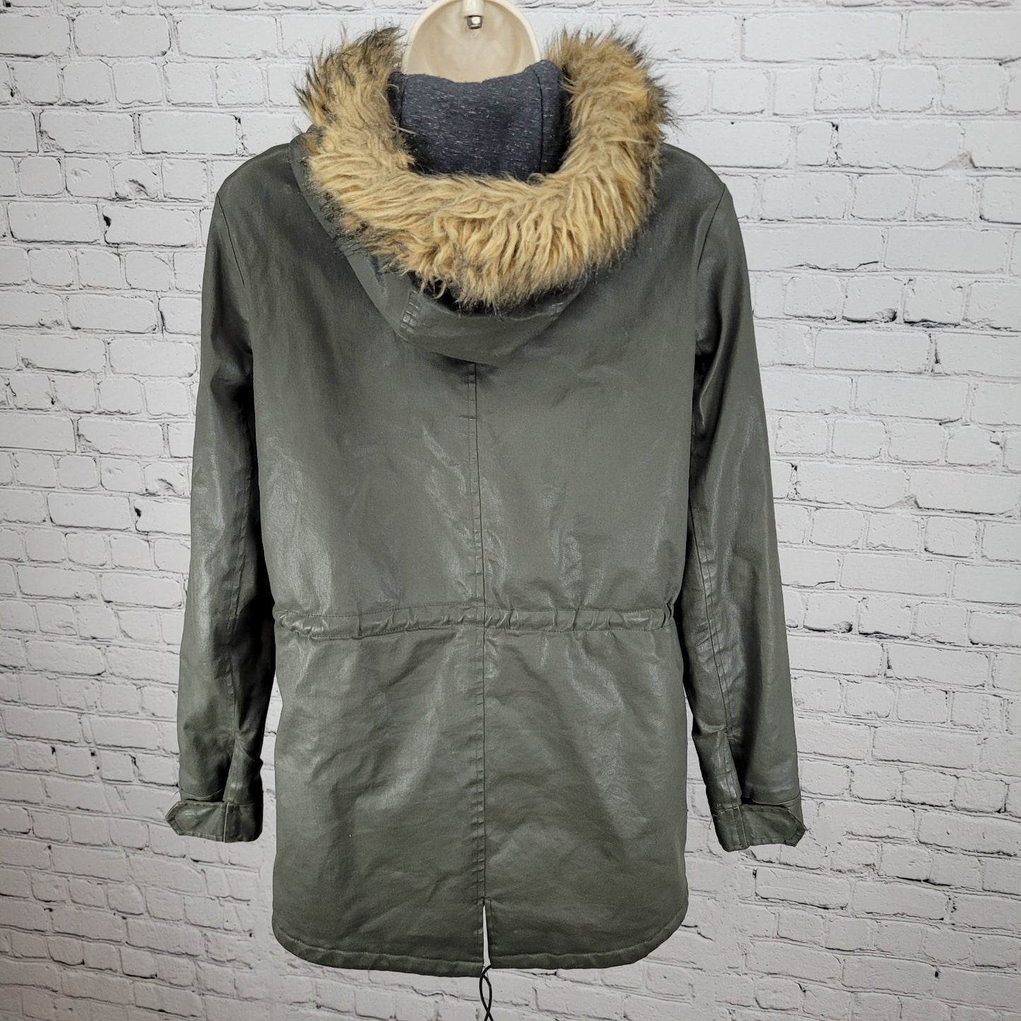 Joie Green Grey Waxed Cotton Zipped Faux Fur Hooded Utility Jacket Size XS