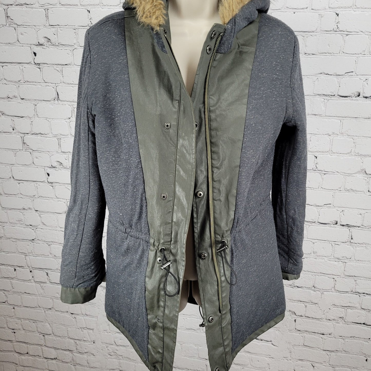 Joie Green Grey Waxed Cotton Zipped Faux Fur Hooded Utility Jacket Size XS