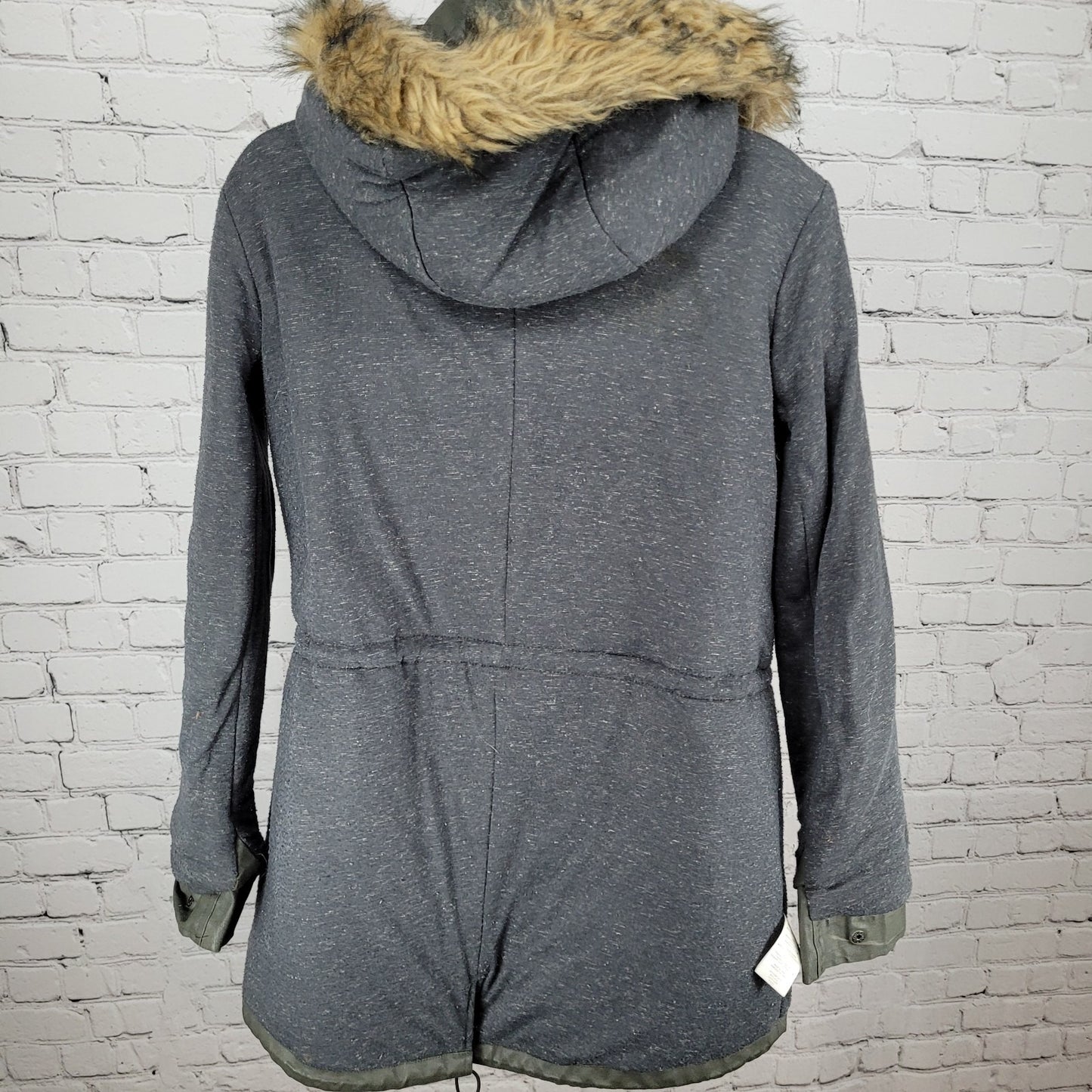 Joie Green Grey Waxed Cotton Zipped Faux Fur Hooded Utility Jacket Size XS