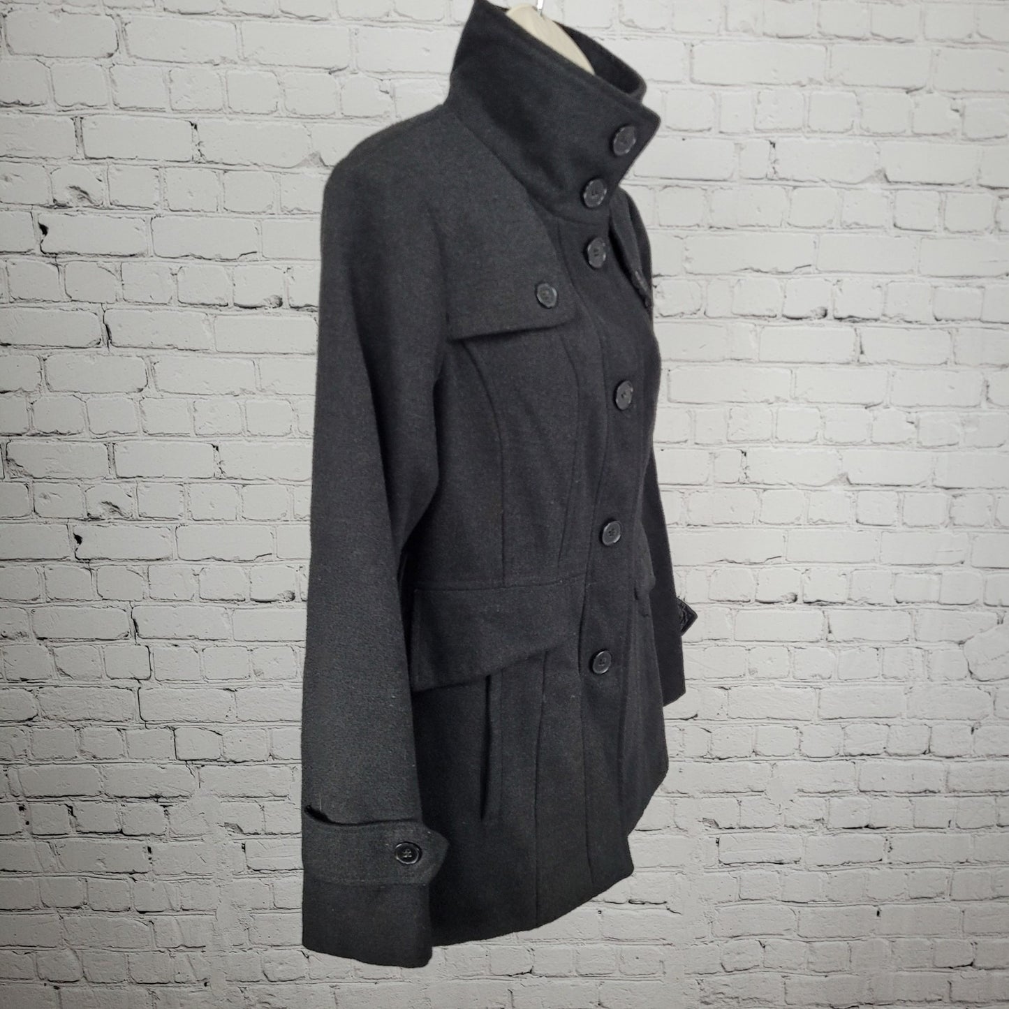 Nicole Miller New York Black Buttoned Collared Lined Winter Coat Jacket Small S