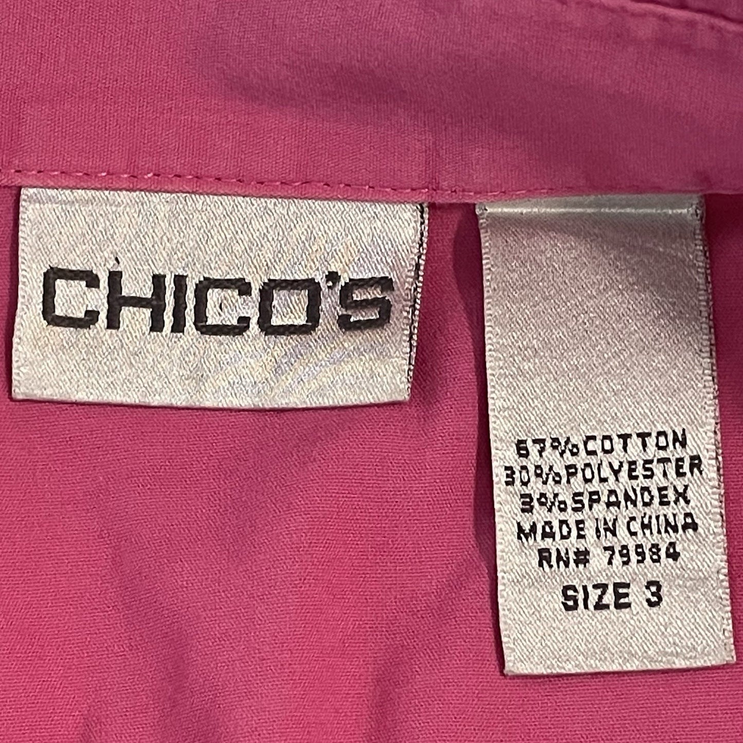 Chico’s Pink Button Up 3/4 Sleeve Stretch Lightweight Collar Shirt Size 3 US 16