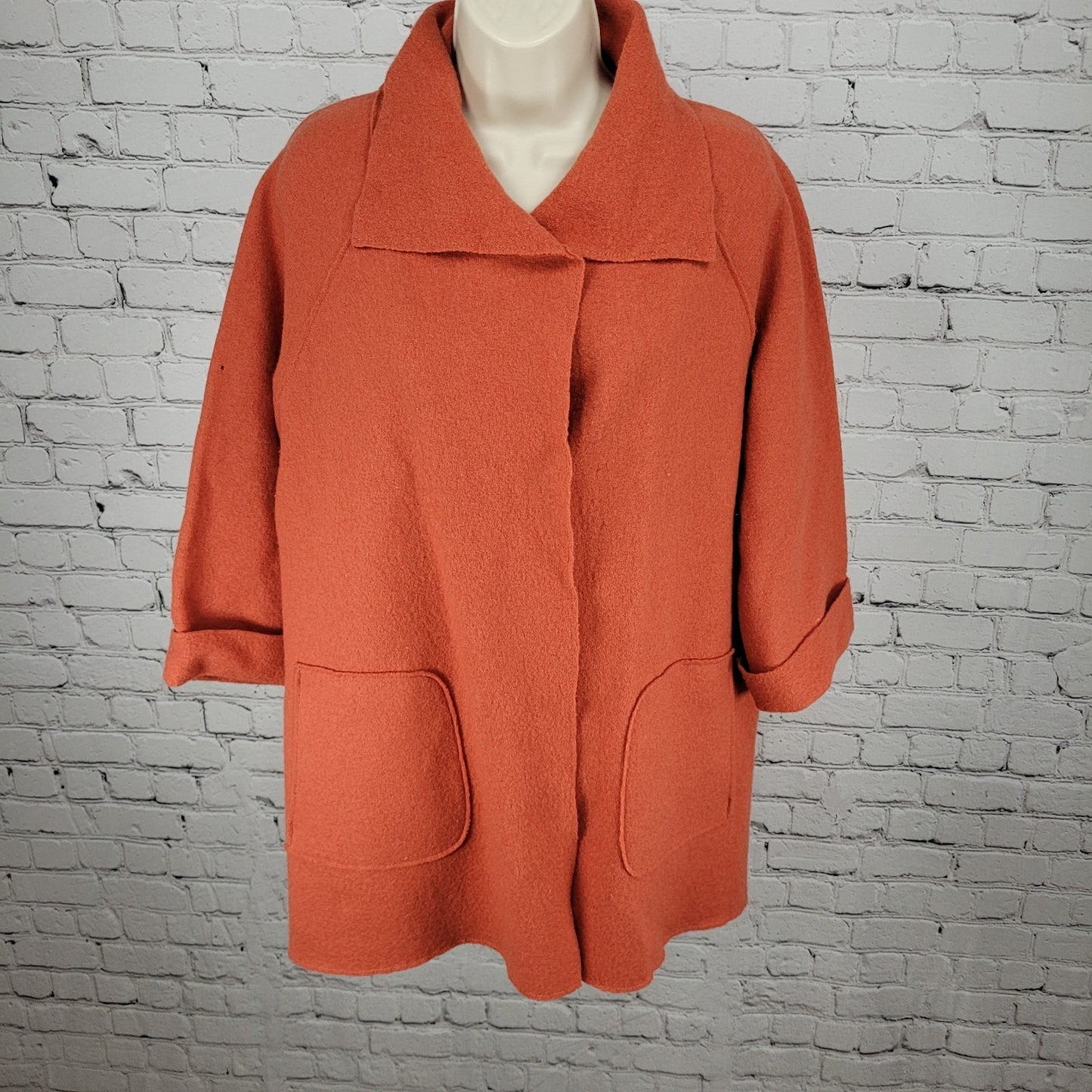 Eileen Fisher Orange 100% Wool Oversized Unlined Jacket Size Small *Small Holes
