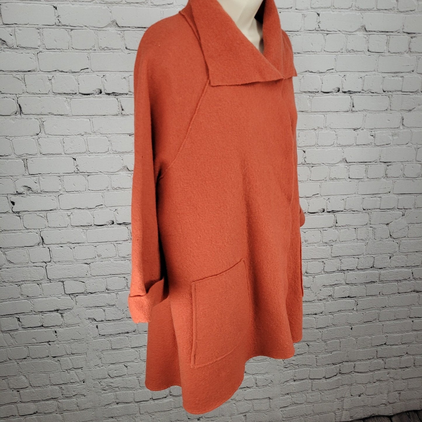 Eileen Fisher Orange 100% Wool Oversized Unlined Jacket Size Small *Small Holes