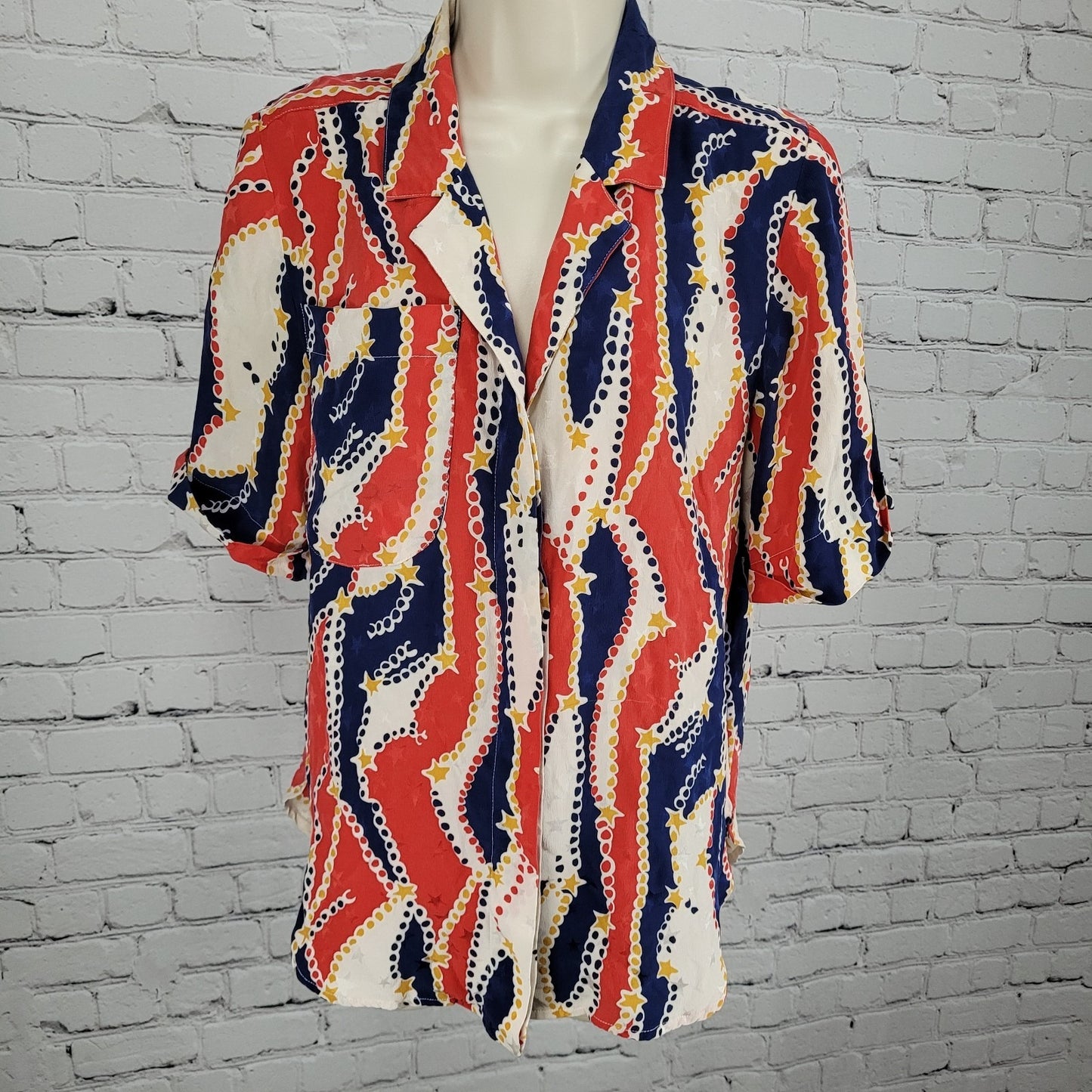 VTG Francesca Of Damon Starington Multicolor 100% Silk Stars Buttoned Top Size 6
