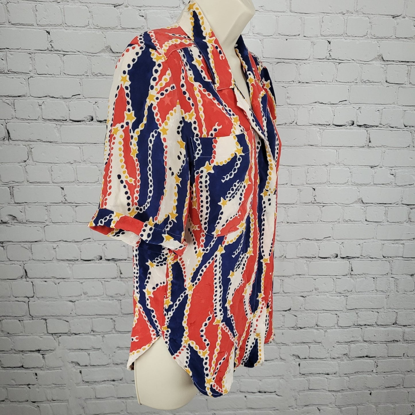 VTG Francesca Of Damon Starington Multicolor 100% Silk Stars Buttoned Top Size 6