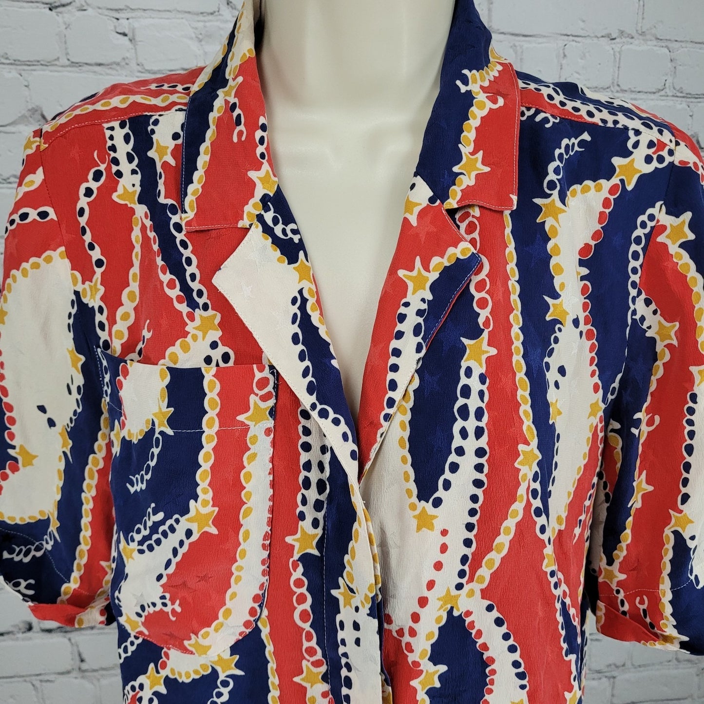 VTG Francesca Of Damon Starington Multicolor 100% Silk Stars Buttoned Top Size 6