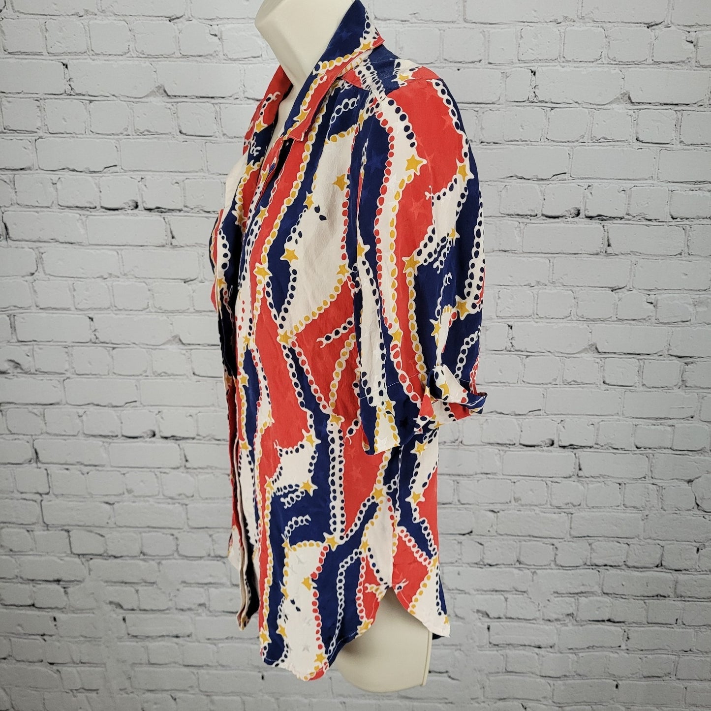 VTG Francesca Of Damon Starington Multicolor 100% Silk Stars Buttoned Top Size 6