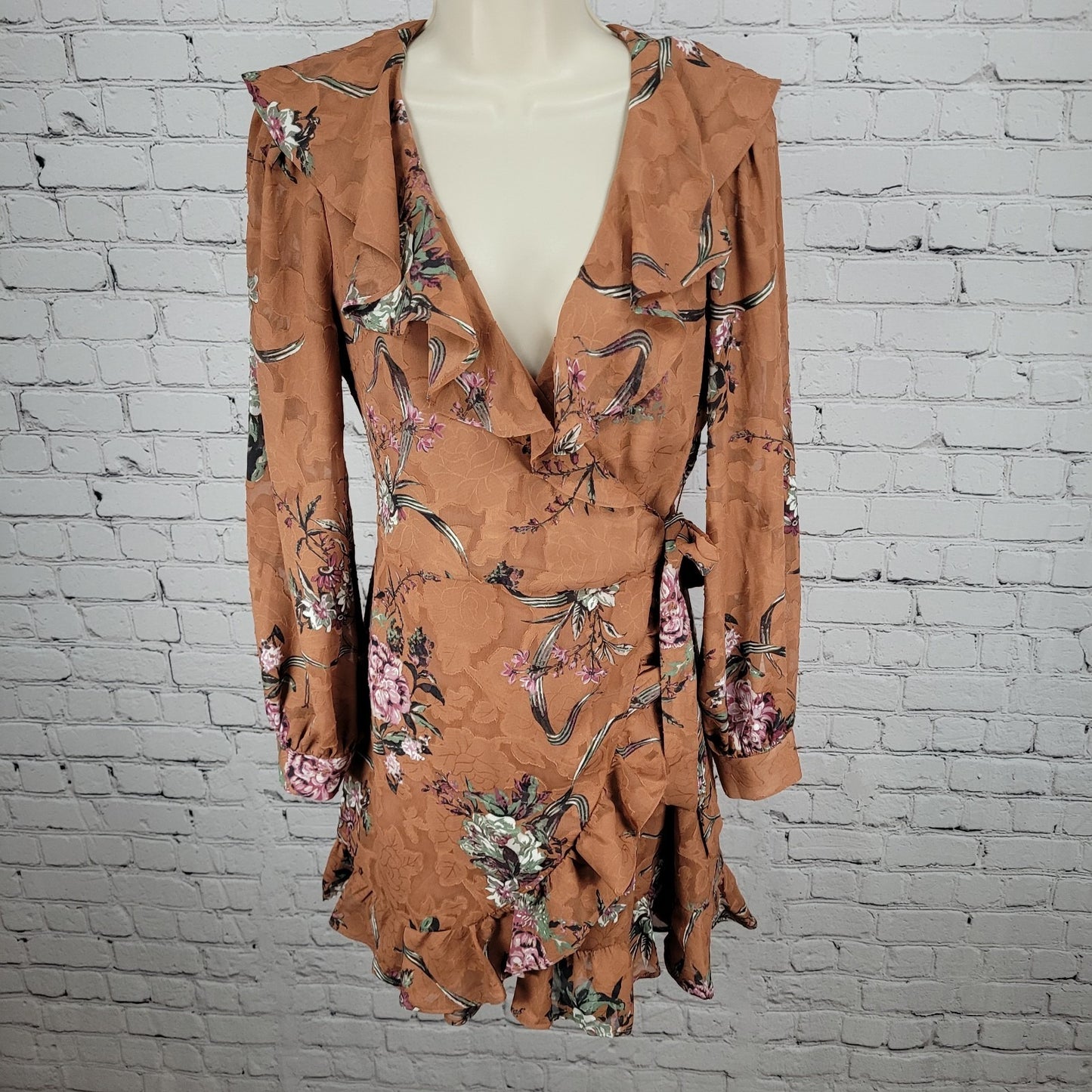 Leith Brown Floral Ruffle Plunge Long Sleeve Mini Wrap Tie Dress Size Small S