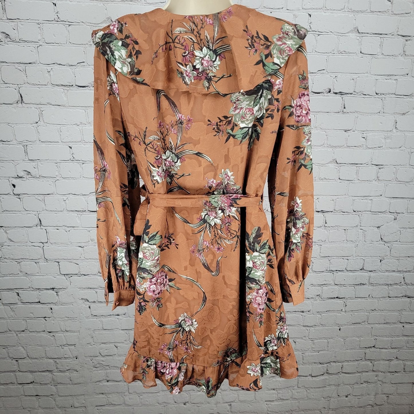Leith Brown Floral Ruffle Plunge Long Sleeve Mini Wrap Tie Dress Size Small S