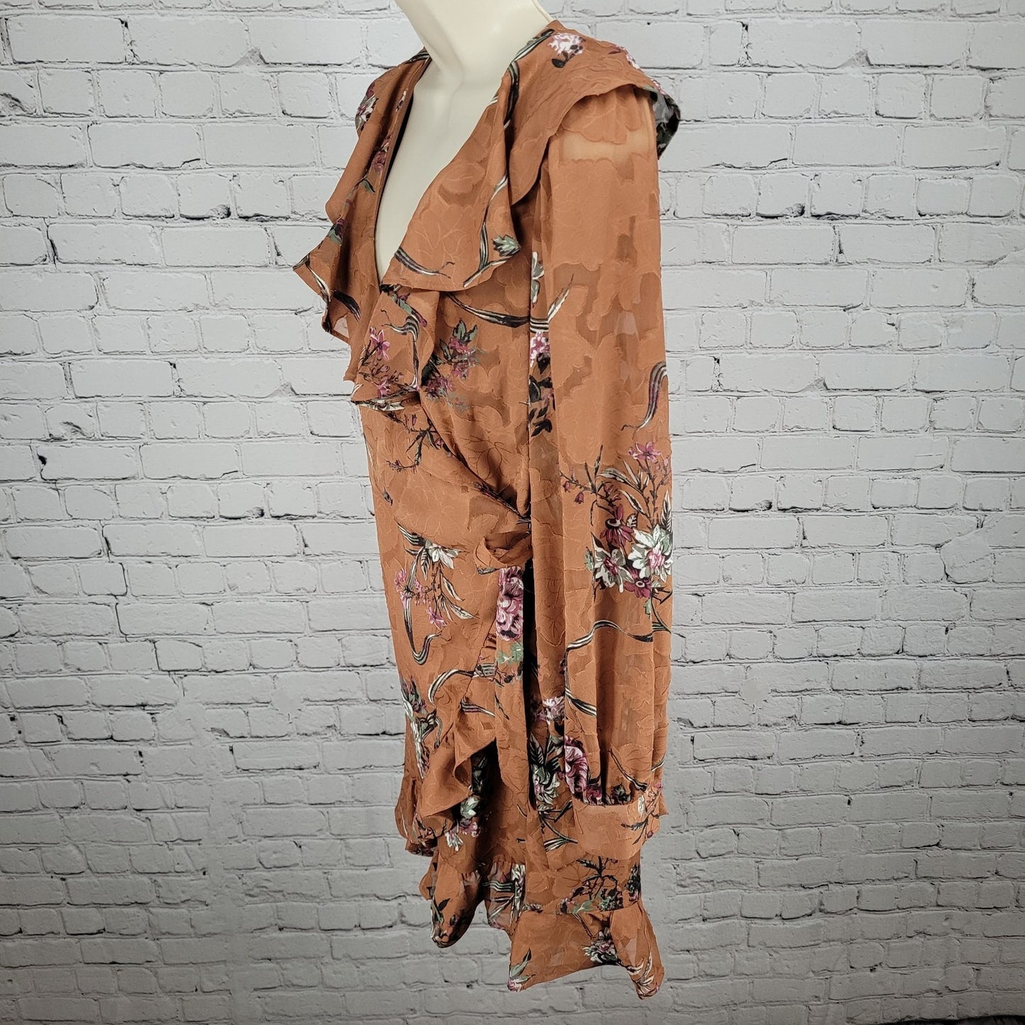 Leith Brown Floral Ruffle Plunge Long Sleeve Mini Wrap Tie Dress Size Small S