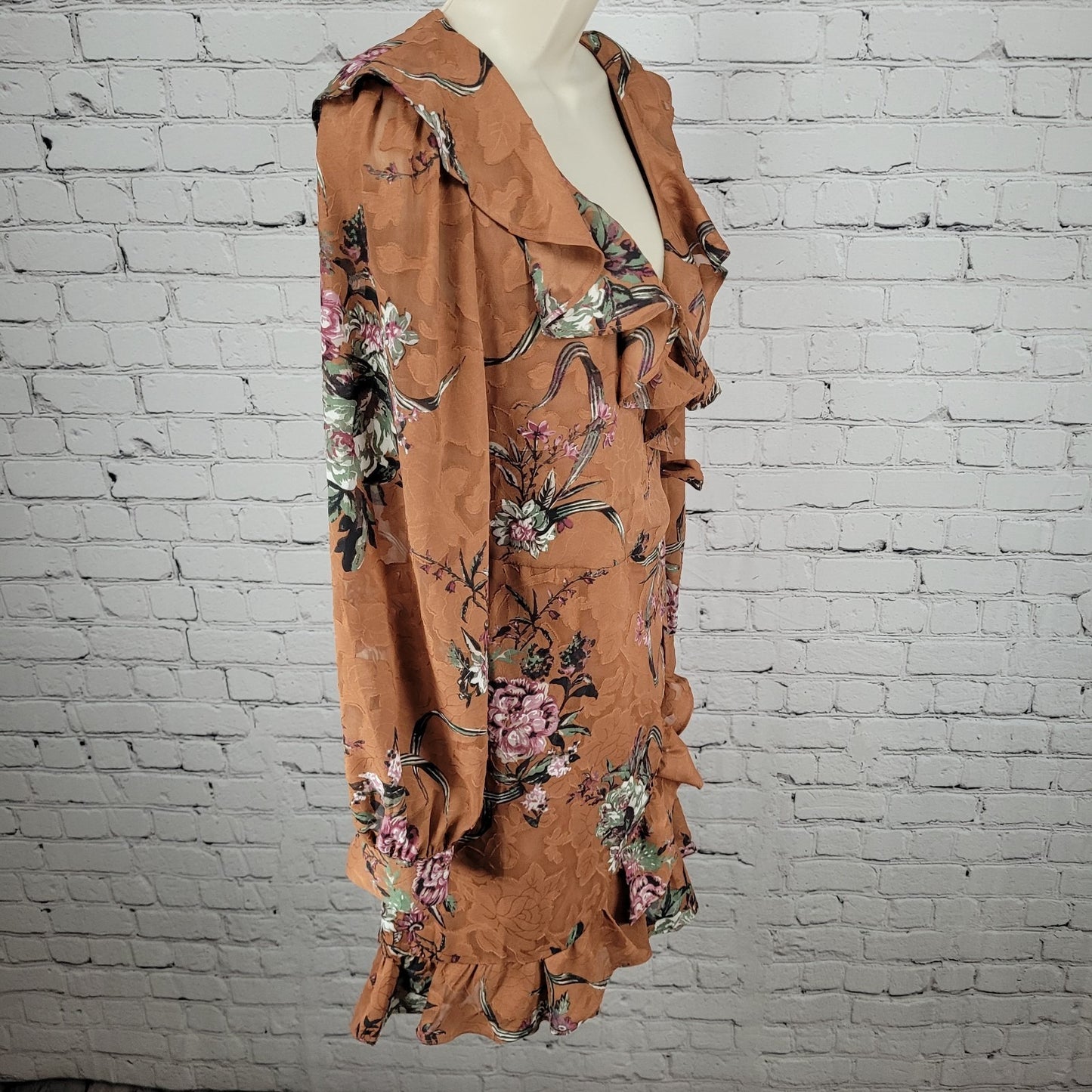 Leith Brown Floral Ruffle Plunge Long Sleeve Mini Wrap Tie Dress Size Small S