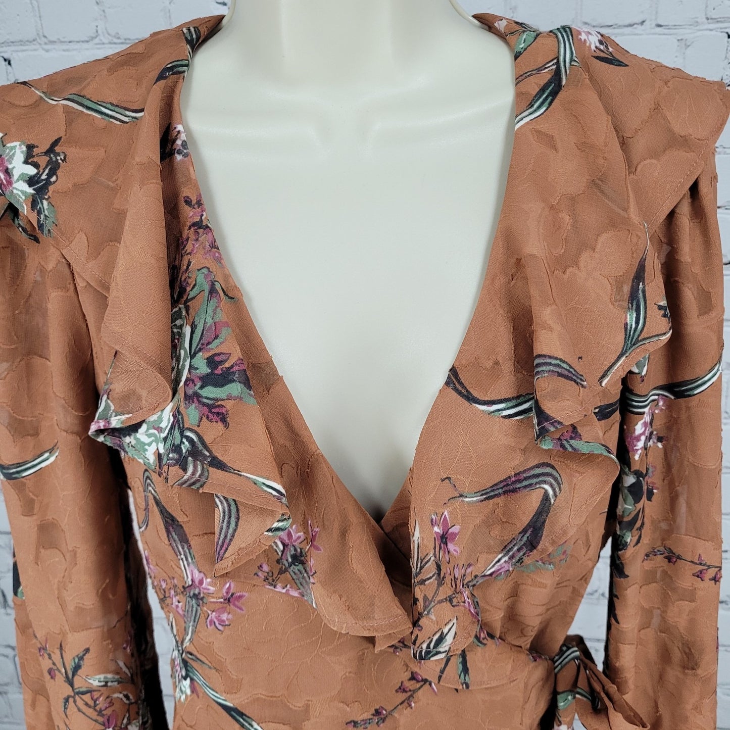 Leith Brown Floral Ruffle Plunge Long Sleeve Mini Wrap Tie Dress Size Small S