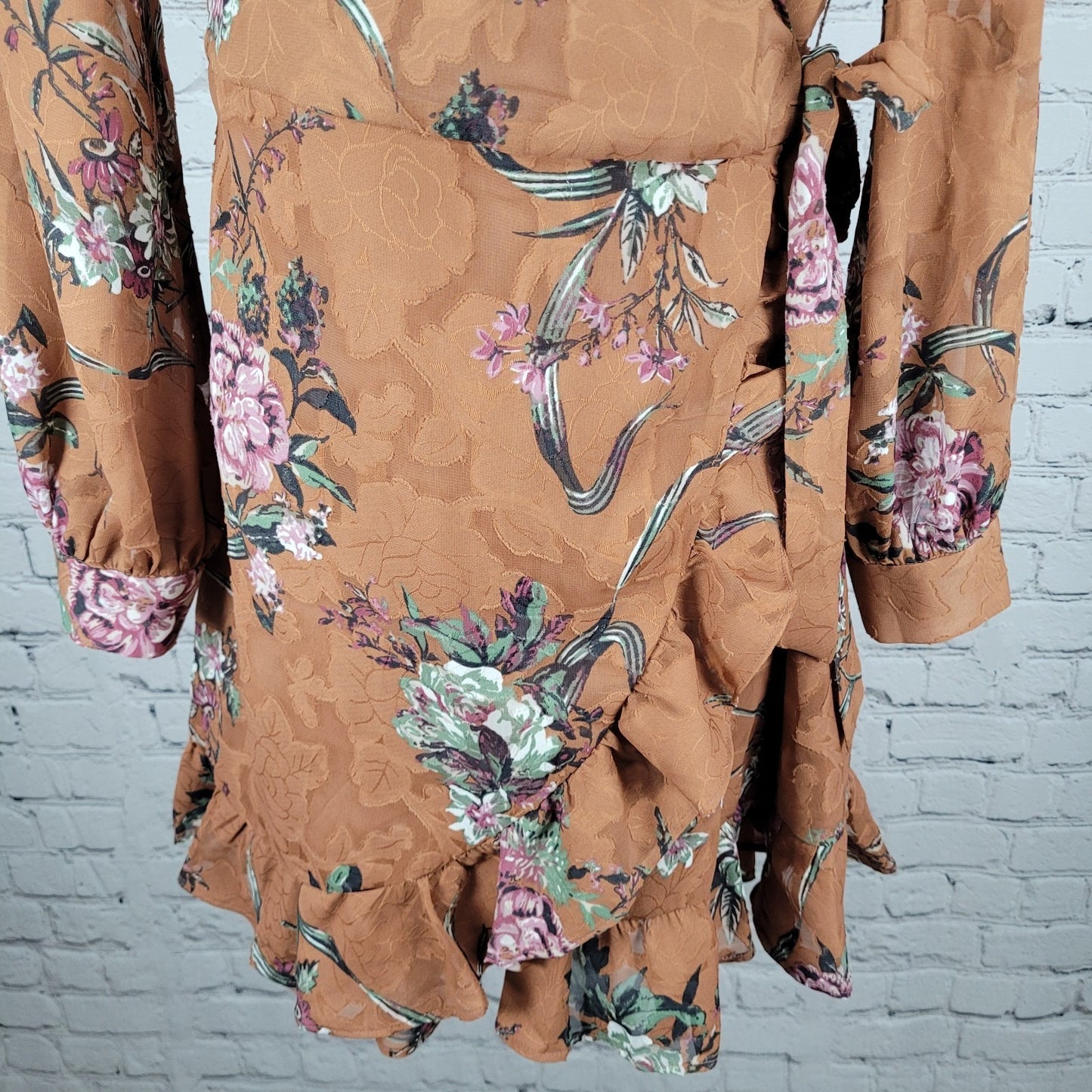 Leith Brown Floral Ruffle Plunge Long Sleeve Mini Wrap Tie Dress Size Small S