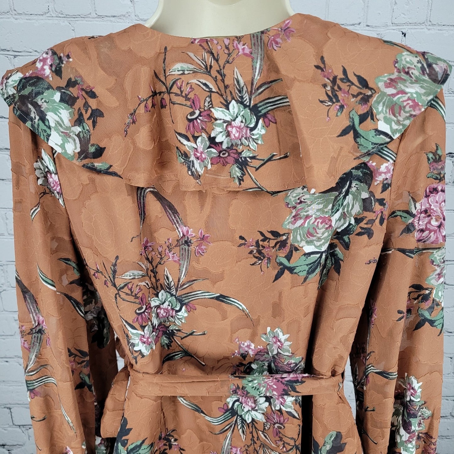 Leith Brown Floral Ruffle Plunge Long Sleeve Mini Wrap Tie Dress Size Small S