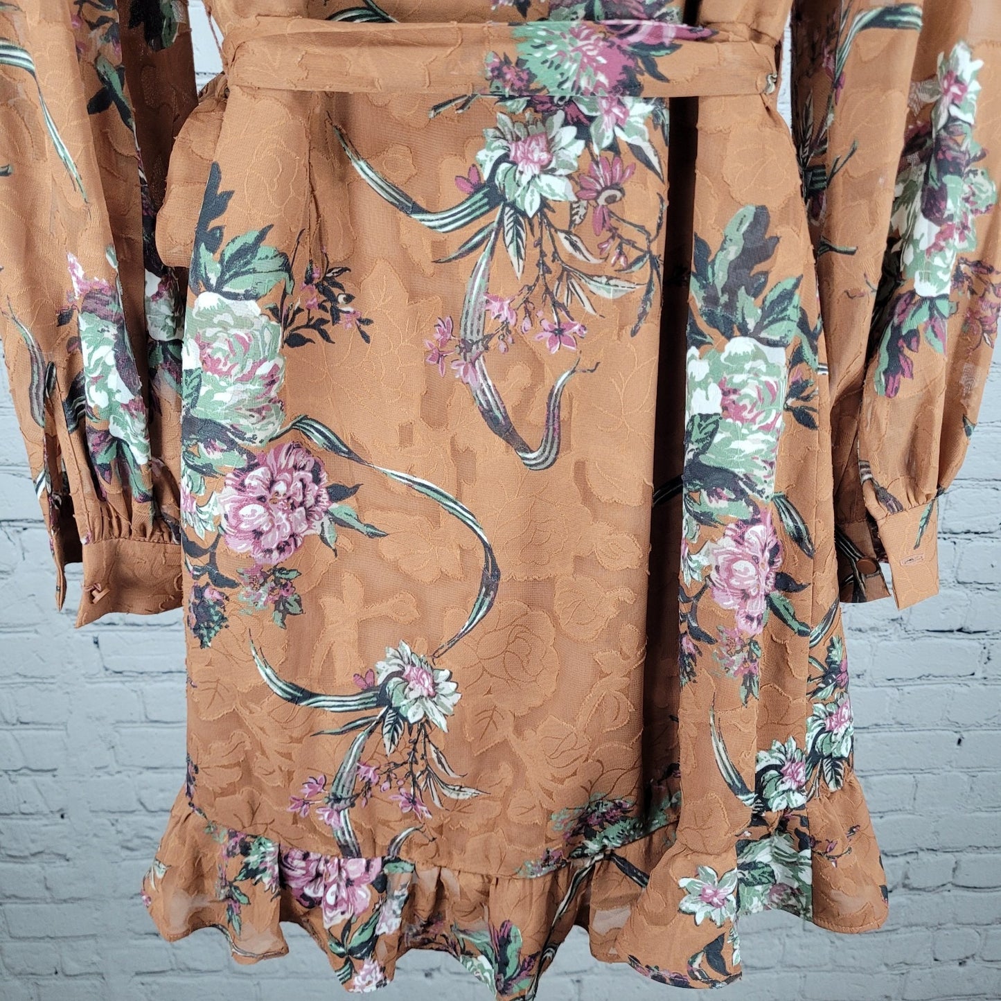 Leith Brown Floral Ruffle Plunge Long Sleeve Mini Wrap Tie Dress Size Small S