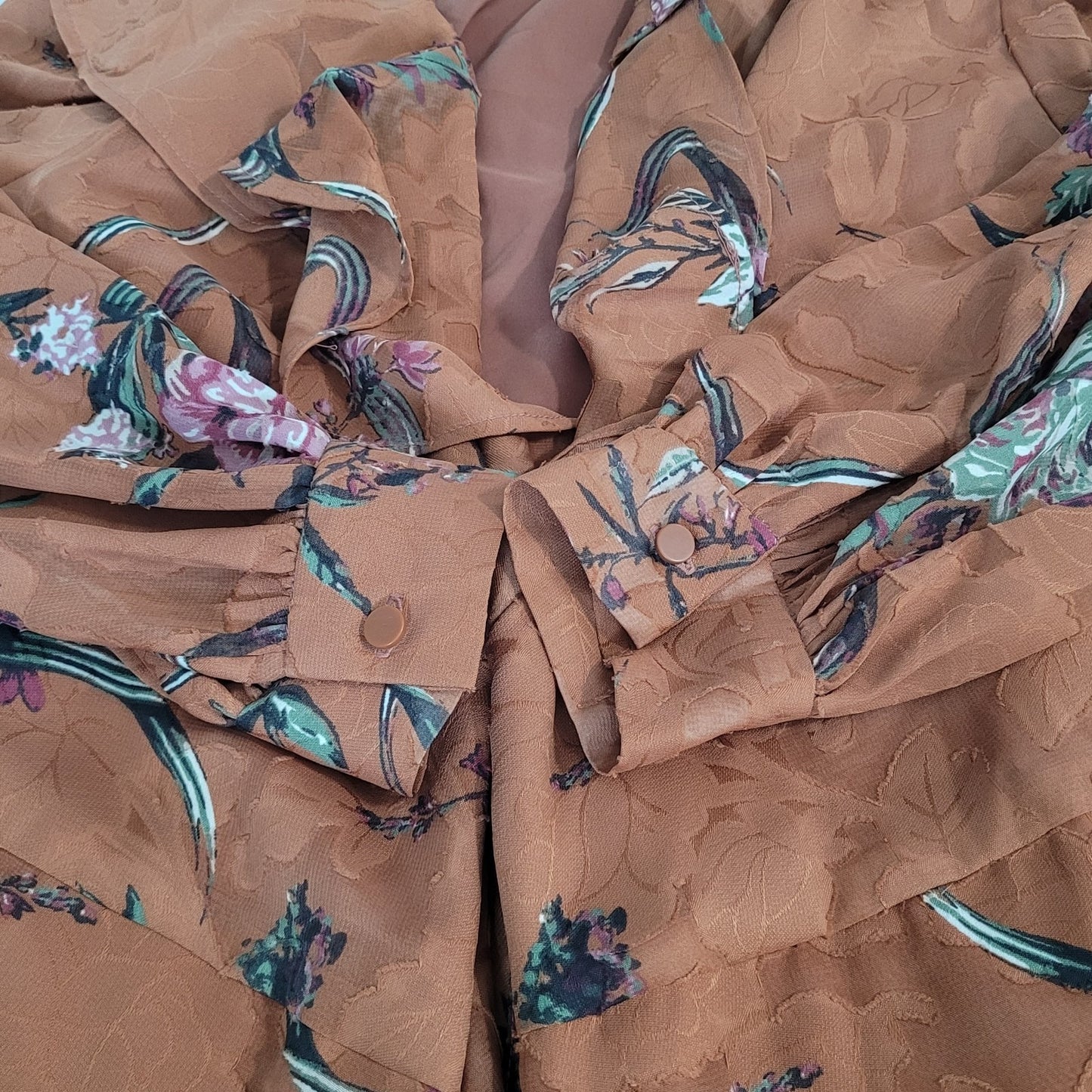 Leith Brown Floral Ruffle Plunge Long Sleeve Mini Wrap Tie Dress Size Small S