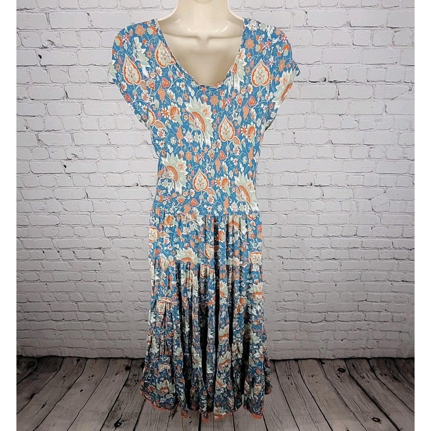 Soft Surroundings Blue Floral Short Sleeve Boho Maxi Dress Size Medium M