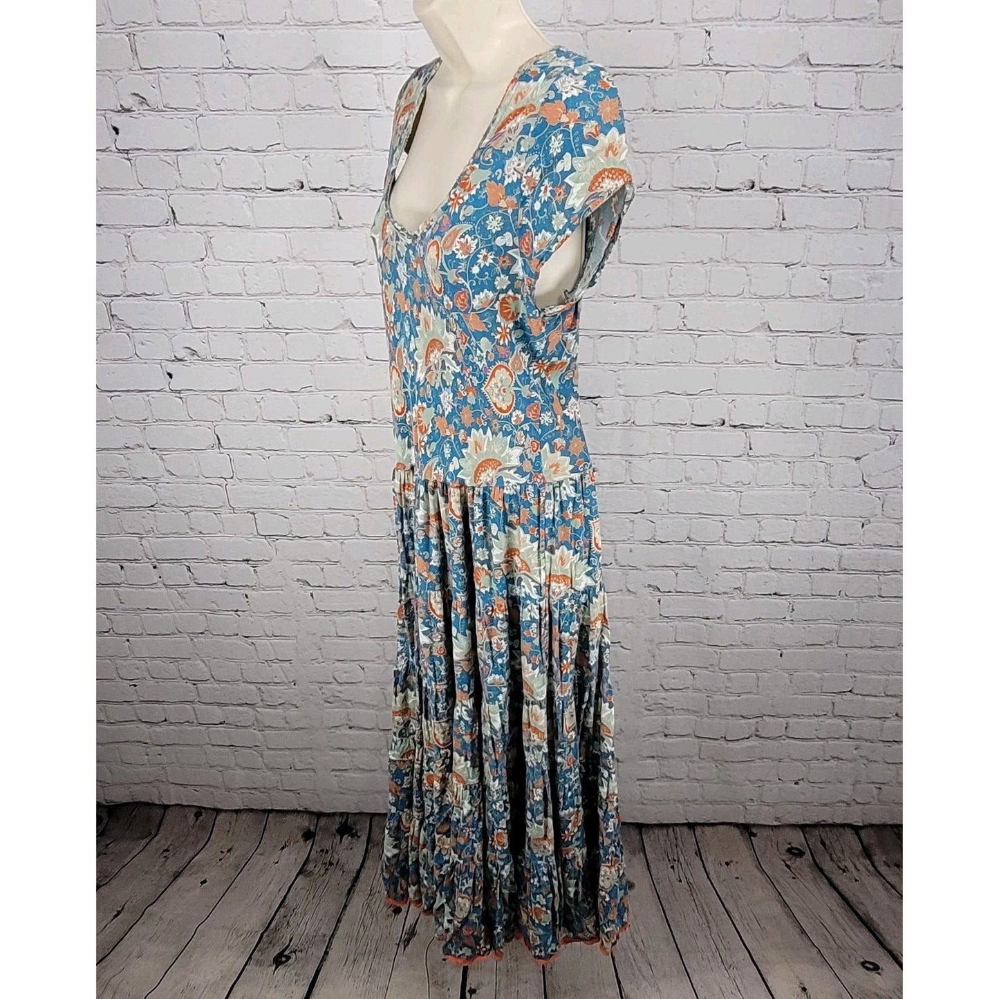 Soft Surroundings Blue Floral Short Sleeve Boho Maxi Dress Size Medium M