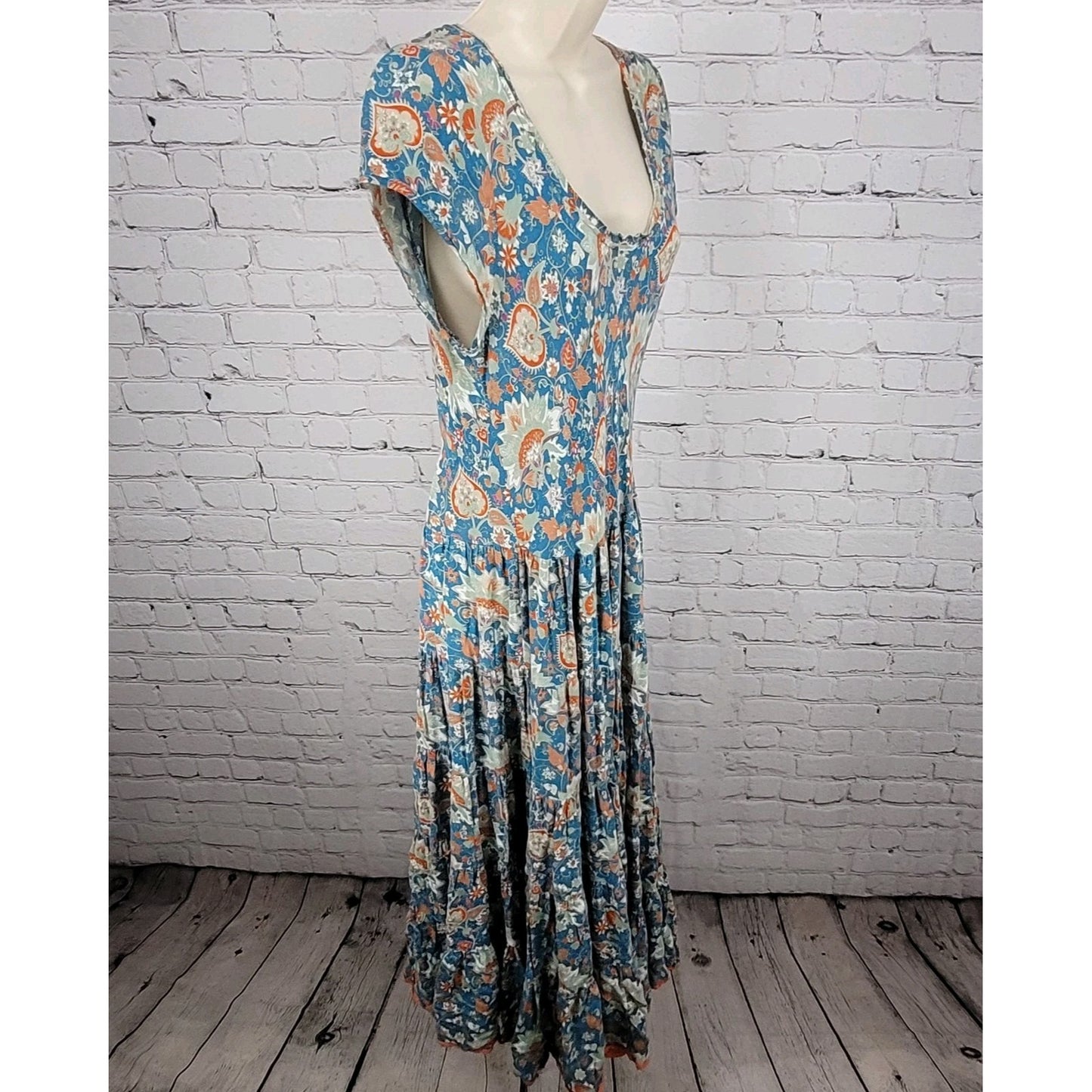 Soft Surroundings Blue Floral Short Sleeve Boho Maxi Dress Size Medium M