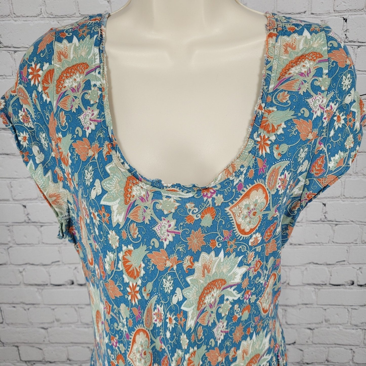 Soft Surroundings Blue Floral Short Sleeve Boho Maxi Dress Size Medium M