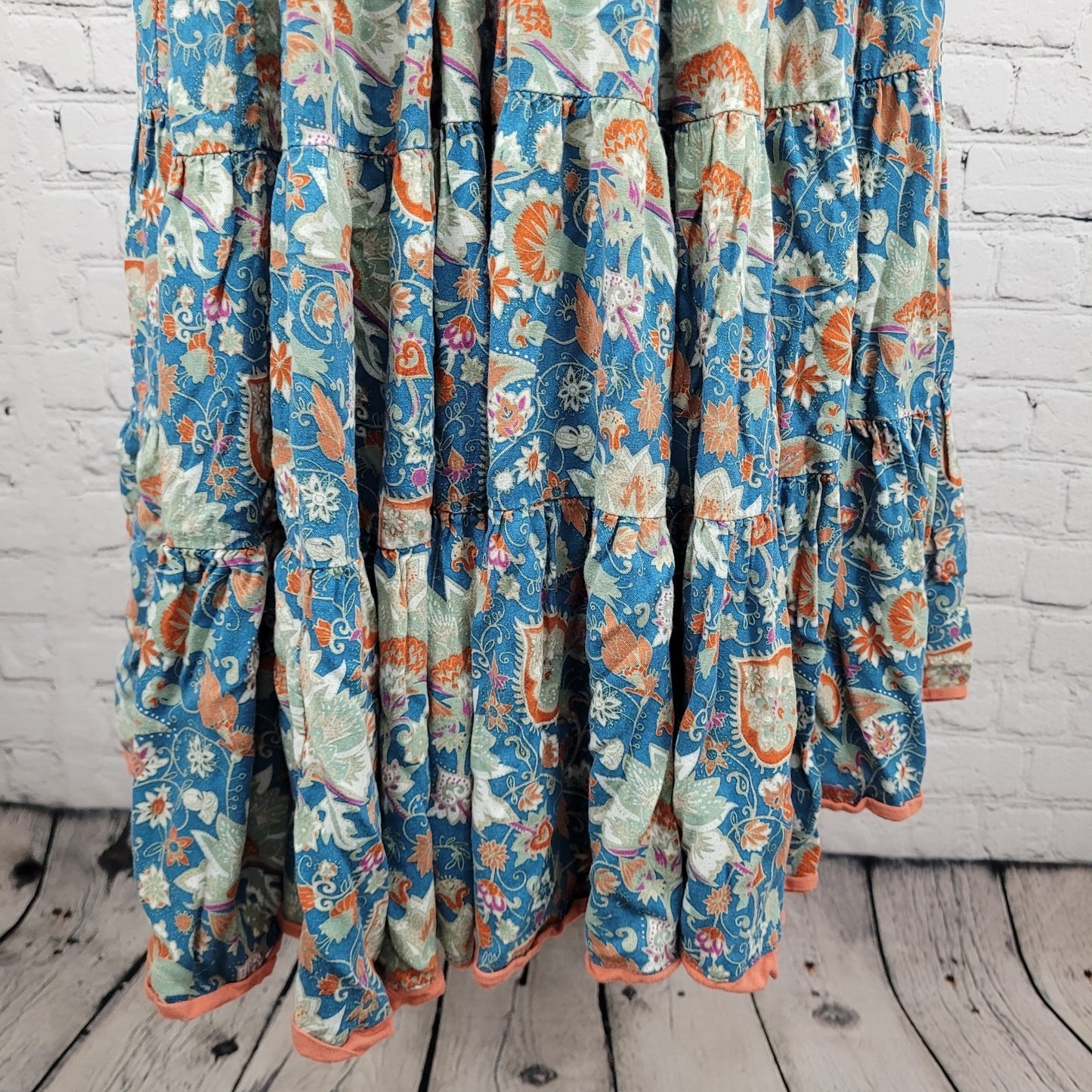 Soft Surroundings Blue Floral Short Sleeve Boho Maxi Dress Size Medium M